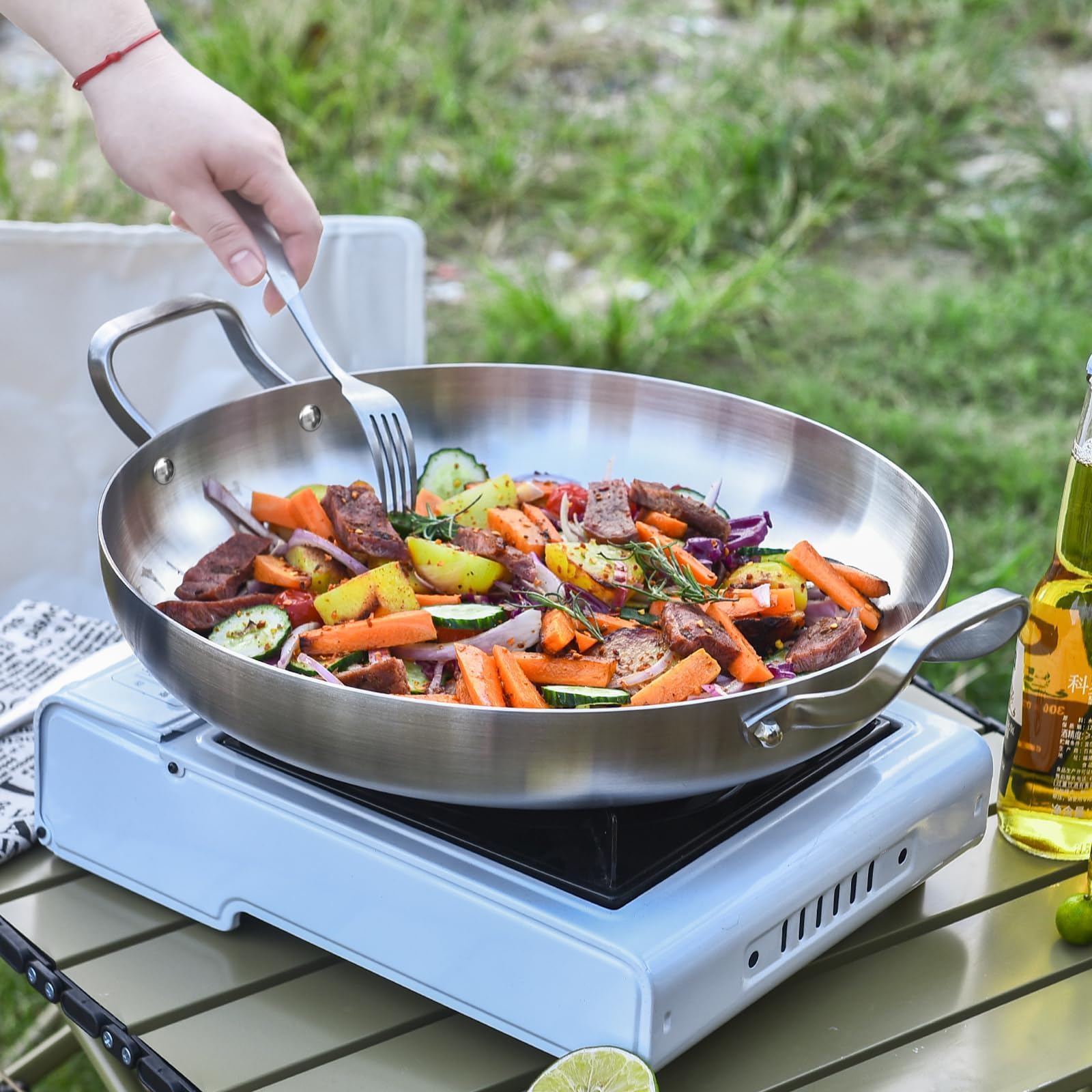 Inqibee Sartén de paella de acero inoxidable de tres capas de 30 cm con tapa, sartén para cocinar por inducción, calentamiento uniforme y apta para horno