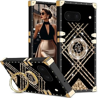 for Google Pixel 6a Case with Diamond Ring Kickstand for Women Girls, Luxury Plating Flowers Pattern Soft TPU Shockproof Cover for Pixel 6a BF-Black