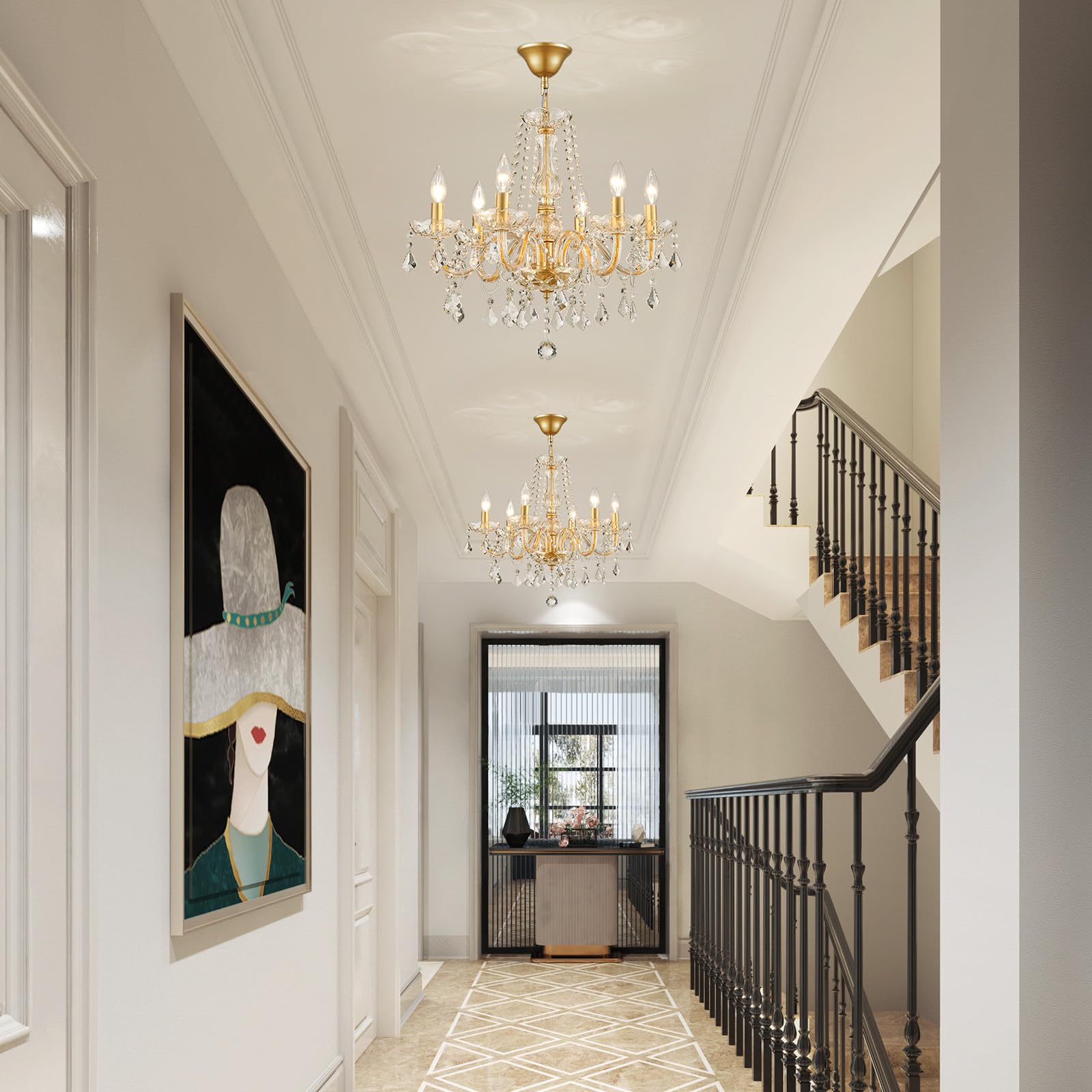 WUZUPS Chandelier à bougie en cristal, suspension, plafonnier encastré, Luminaire moderne pour chambre à coucher, entrée, bar, cuisine, salle de bain, H 68 x L 56, Doré, E14 Base
