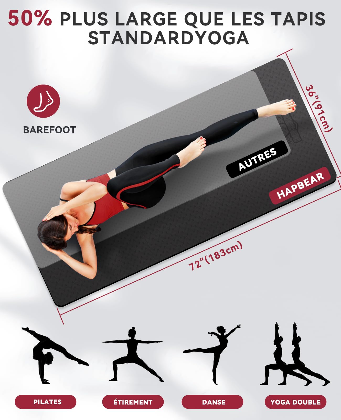 HAPBEAR Tapis de Yoga XXL - 183 cm x 91 cm x 6 mm d’Épaisseur, Tapis de Yoga Extra Large Antidérapant, Tapis de Gymnastique, Tapis de Sport, Tapis de Fitness, Tapis en TPE pour l’Entraînement