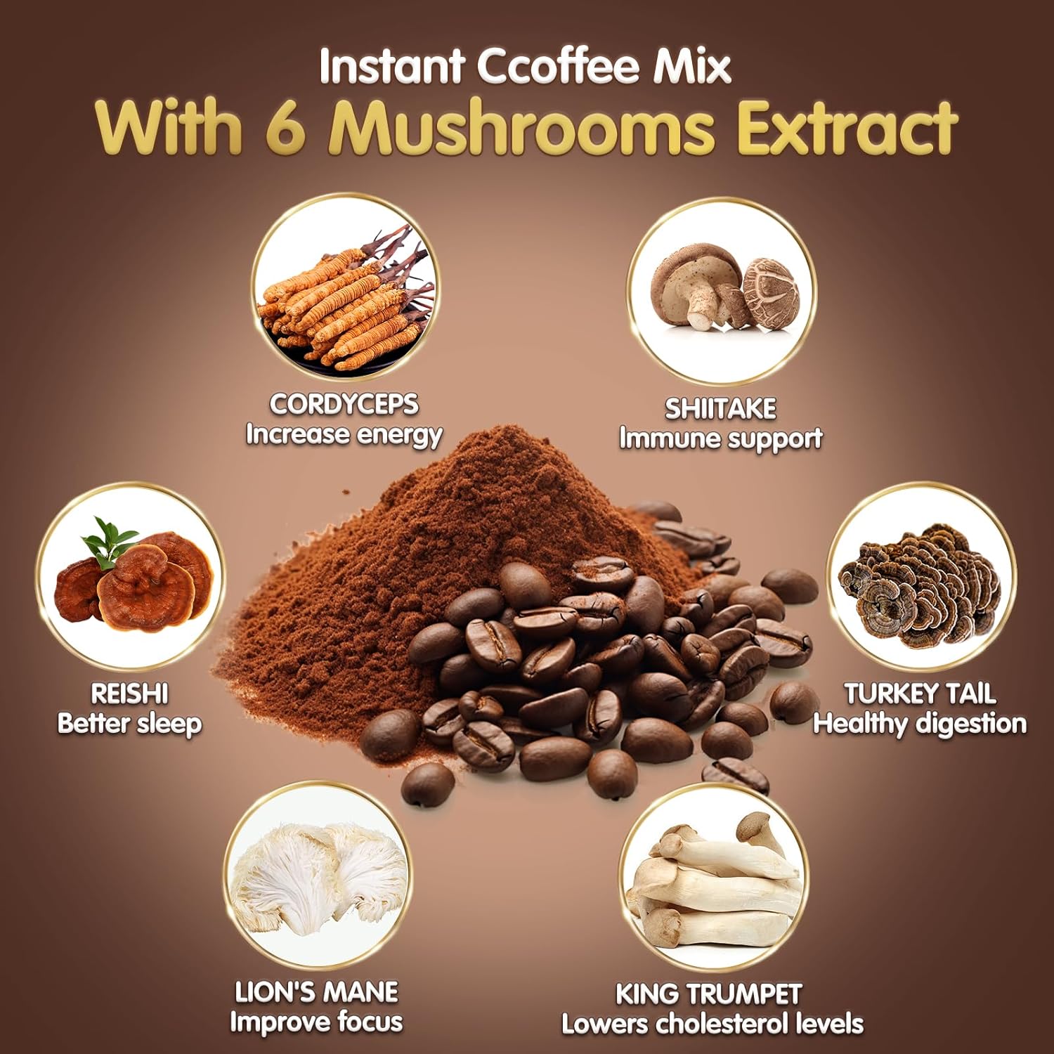 Mushroom Coffee, 6 Adaptogenic Mushrooms (Lion's Mane, Cordyceps, Turkey Tail & Other) Mixed with Premium Instant Coffee for Focus, Energy, Immune and Gut Health Support, 60 Servings - Image 4