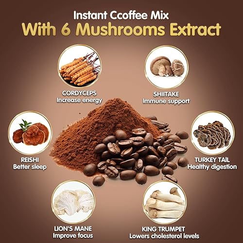Miniatura 4 de Café de hongos, 6 hongos adaptogénicos (melena de león, cordyceps, cola de pavo y otros) mezclados con café instantáneo de primera calidad para