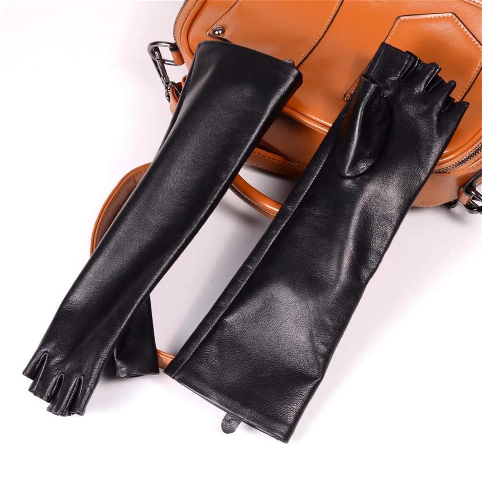 Guantes largos de piel de oveja auténtica para mujer, con medio dedo, longitud de ópera, formal, para fiesta de noche