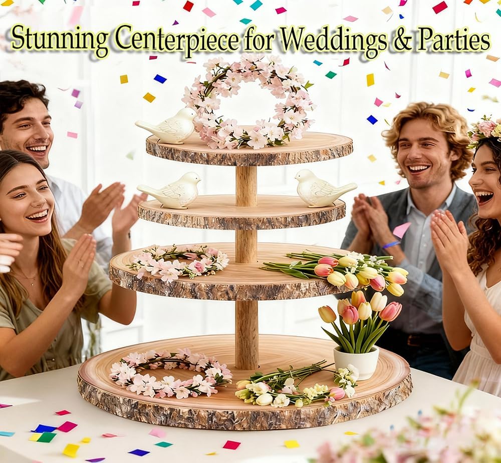 Cupcake Stand, 4 Tier Large Cupcake Stand Rustic Dessert Table Display Set Wood Cupcake Tower Cake Stand Tiered Tray Stand for Wedding Birthday Shower Comes with 10 Sets Wooden Utensils