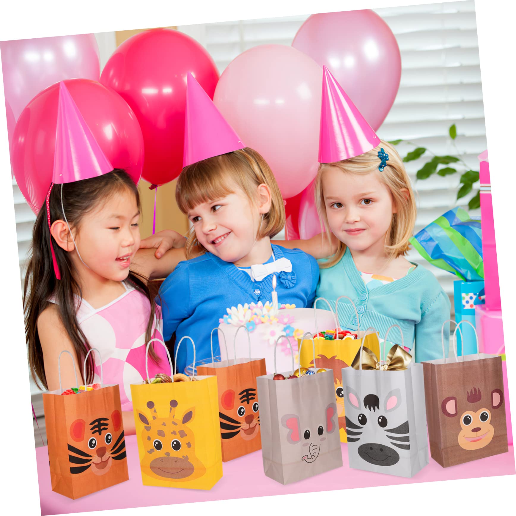 GOOHOCHY 24 Stück Papiertüten mit Henkel aus Kraftpapier für Kindergeburtstage Geschenktüten mit Tiermotiven 21x15x8cm als Partytüten für Kinder