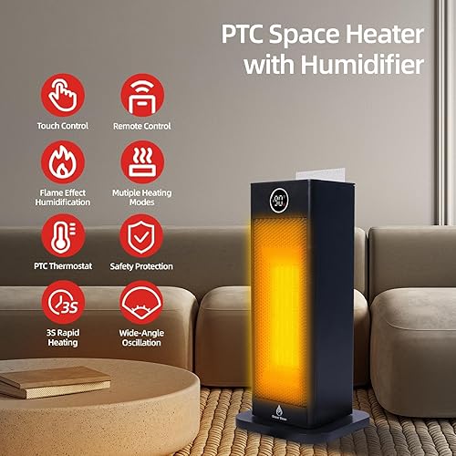 Miniatura 3 de Calentador de espacio 3 en 1 mejorado con humidificador de efecto de llama, calentador de torre PTC de cerámica con oscilación de 70, control