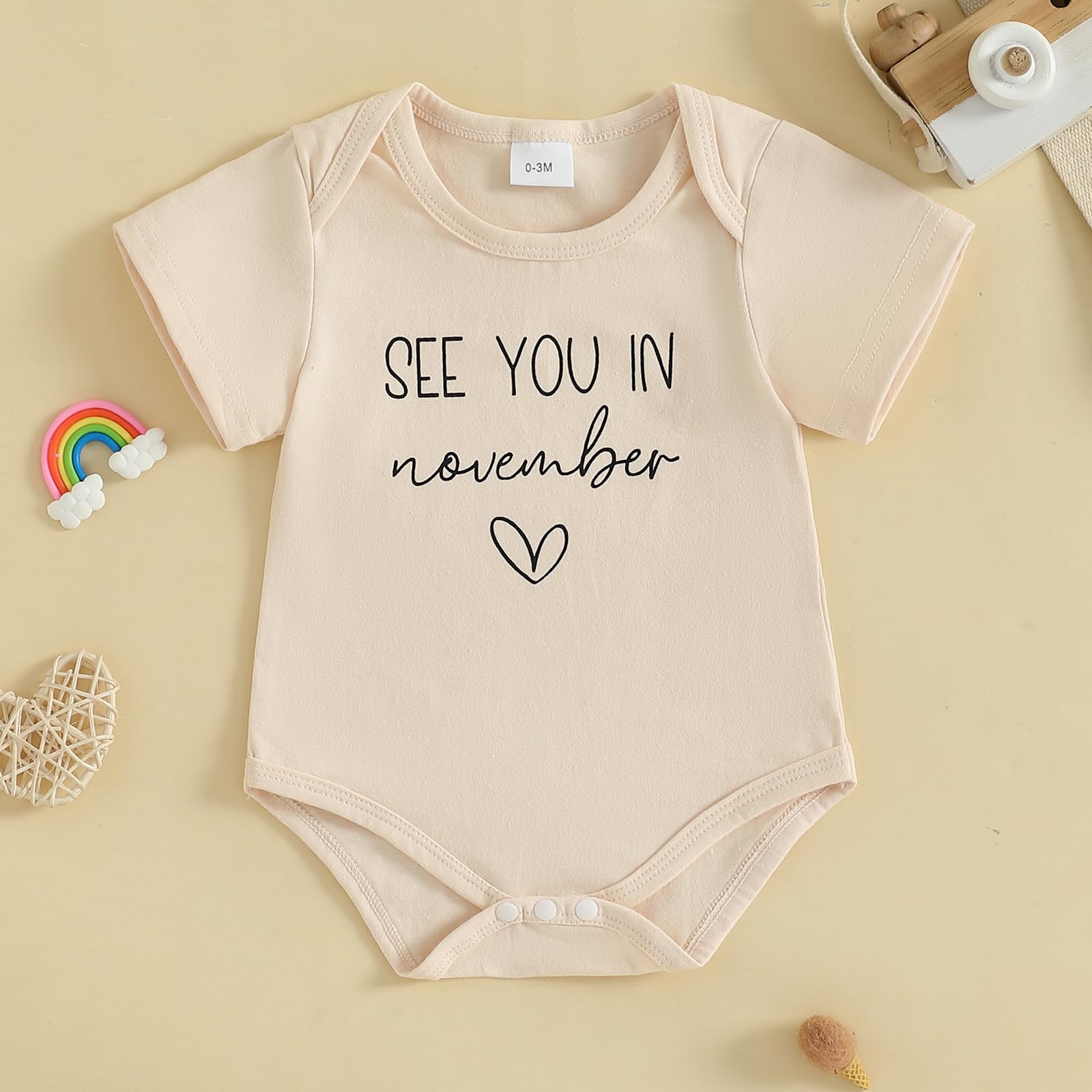 woshilaocai Baby Announcement Bodysuit Pregnancy Reveal Idea&New Baby Surprise Gift for Grandparents, Husband, Family (See You in November-Beige,Newborn)