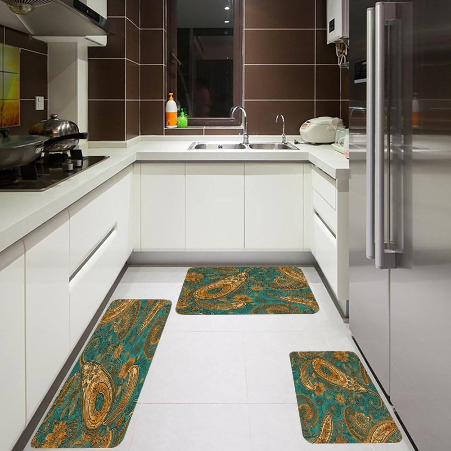 Yellow Paisley Pattern Kitchen Mats Soft Absorbent Rugs for Floor Non Slip Washable Kitchen Mats Fashion Rectangular Rugs for Three-Piece Set for Laundry Office Home Sink