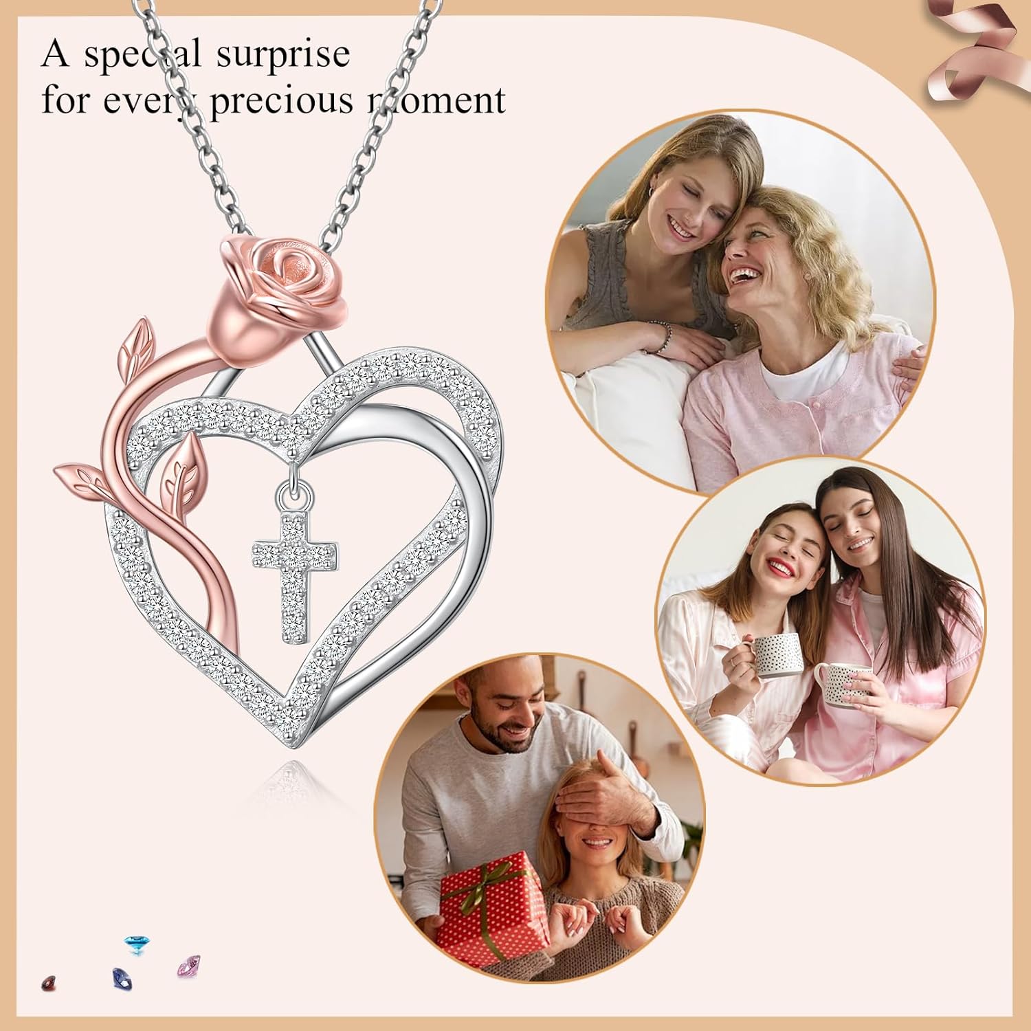 DAOCHONG Rose Flower Heart Necklaces for Women Cross Pendant 925 Sterling Silver Anniversary Jewelry for Her Love Gifts for Wife Sister Grandma Mom Mothers Day Valentines Birthday Christmas