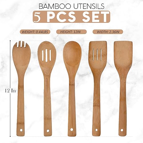 Miniatura 5 de Alpine Cuisine Juego de utensilios de bambú de 5 piezas, cucharas de madera, artículos esenciales de apartamento, espátula de madera de alta