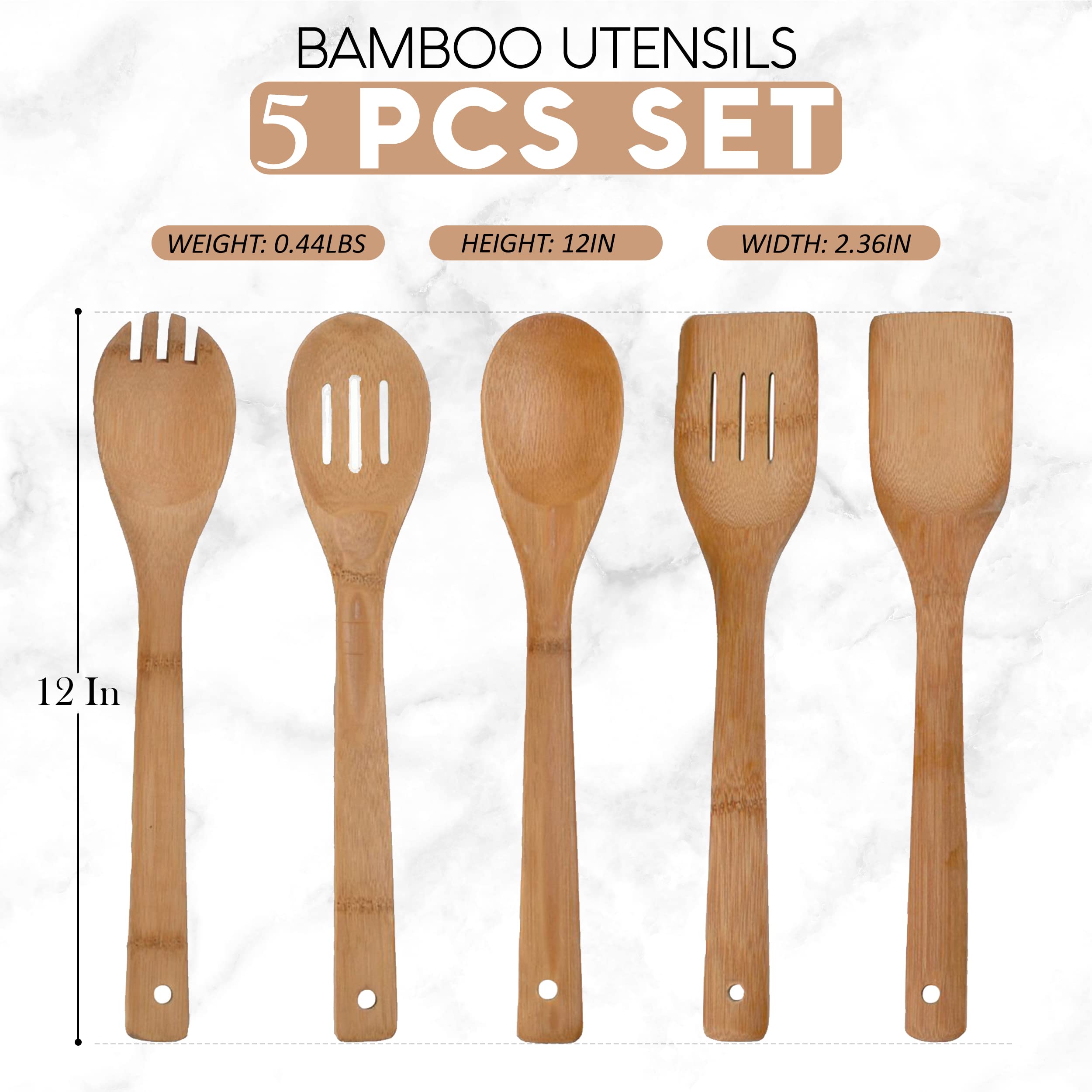 Alpine Cuisine Bambus-Utensilien-Set, 5-teilig, Holzlöffel, Utensilien-Set, Apartment Essentials Premium-Qualität, Holzspatel, Löffel, Küchenhelfer, Einweihungsgeschenke, Holzutensilien für den