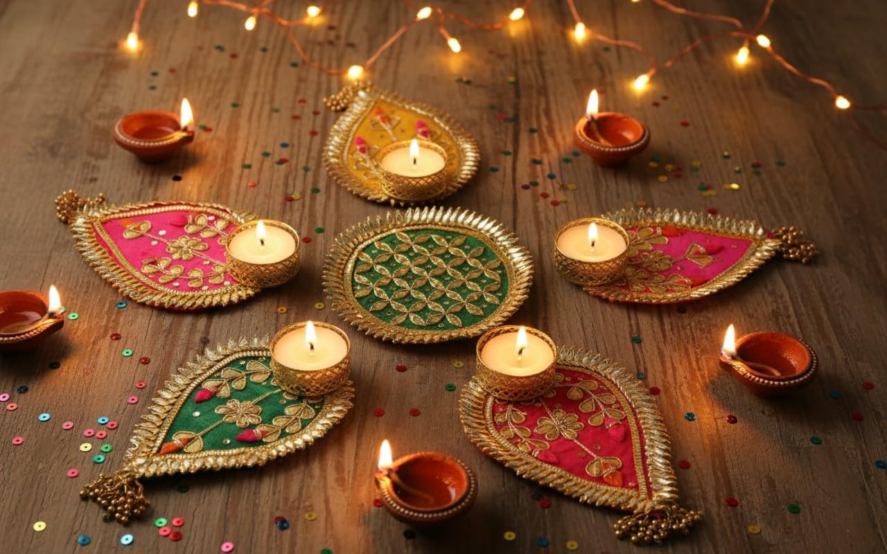 Emartbuy Set Of 6 Gota Rangoli Diya Festive Decorative Design Candle Tealight Holder For Diwali, Traditional Indian Home Décor, Pooja & Gifting