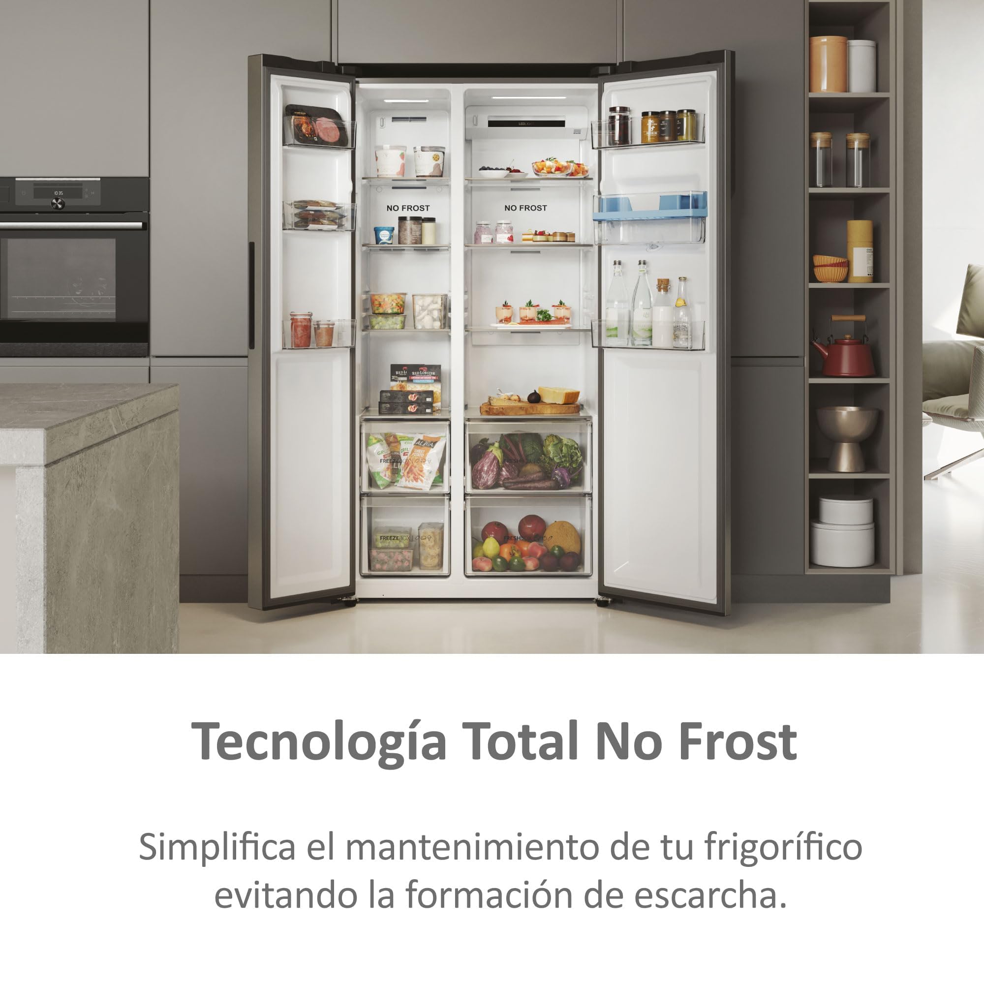 Haier SBS 90 Series 5 HSR5918DWMP - Frigorífico Side by Side, con Dispensador de Agua, Apertura puertas 90 grados, Motor Inverter, Total No Frost, Ancho 90cm, Capacidad XXL 521L, Iluminación LED, Inox
