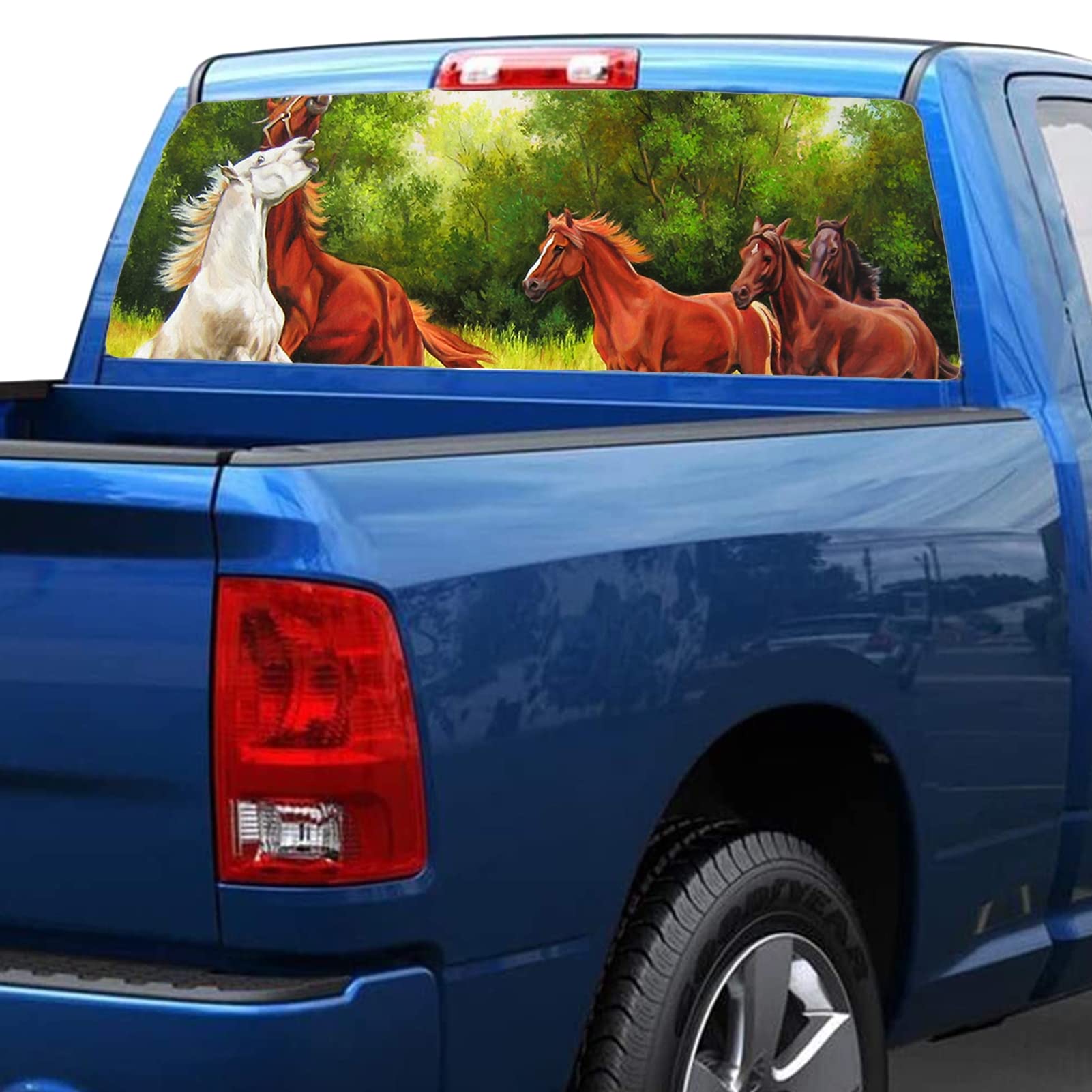 Adesivo per finestrino posteriore, per auto, camion, furgoni, cavalli, finestre, in vinile, perforato, per auto, SUV, furgoni, furgoni, foreste, 147,3 x 45,7 cm