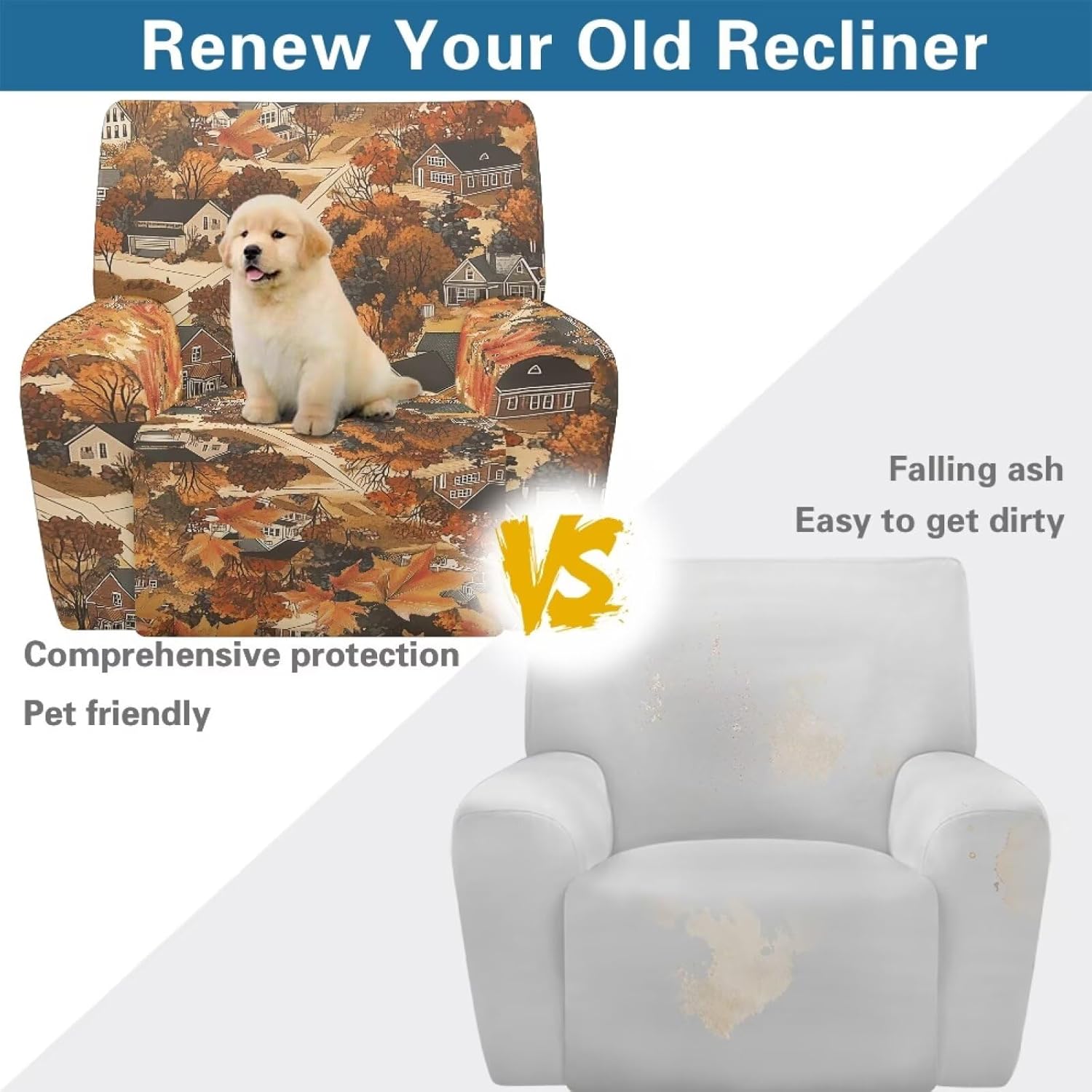 FOR U DESIGNS Fall Village Recliner Chair Covers 4 Pieces Sofa Slipcover Washable Fabric with Side Pockets Universal Fit Reclining Protector Pet Hair Resistant