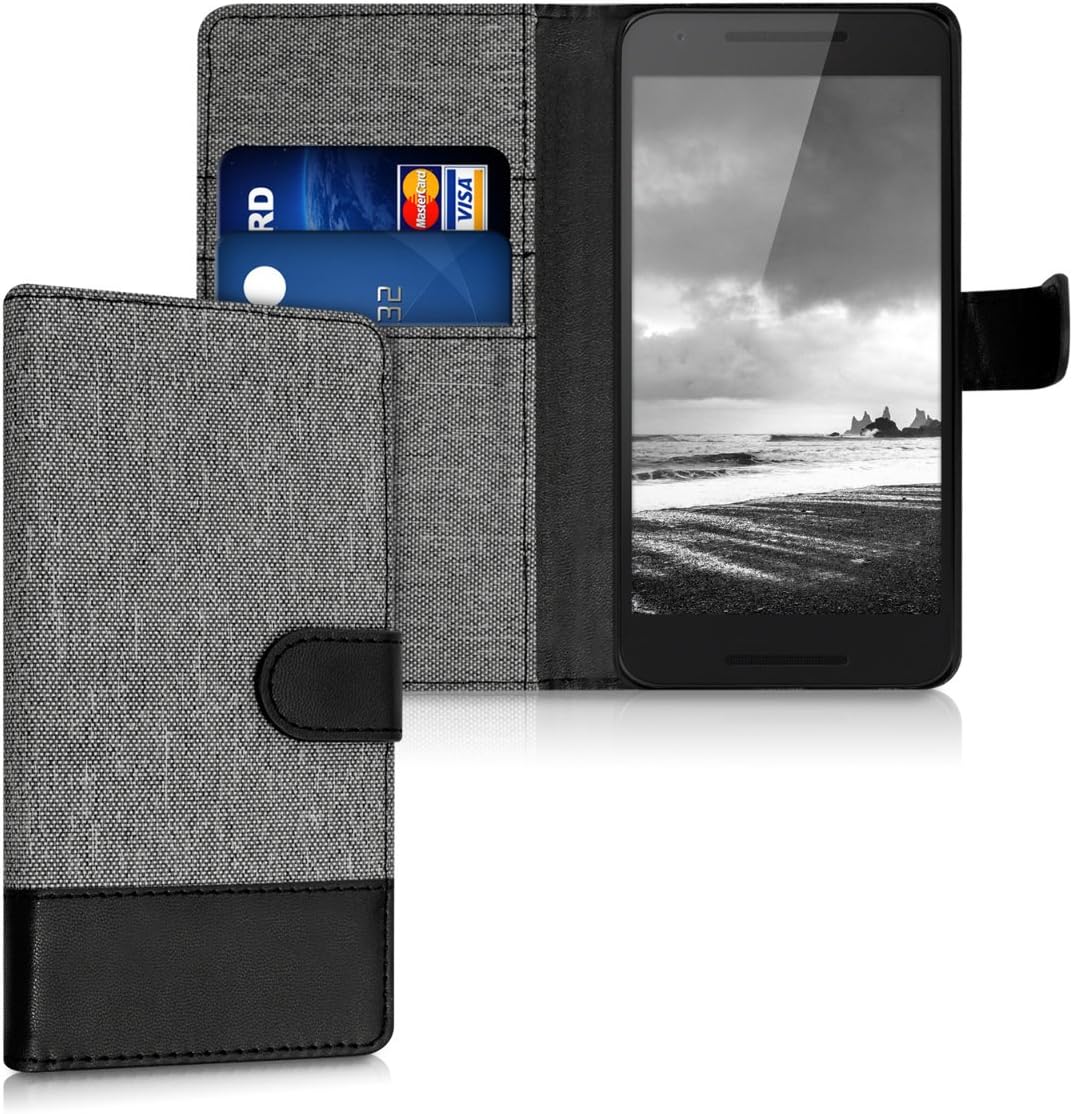 kwmobile Wallet Case Compatible with LG Google Nexus 5X - Case Fabric and Faux Leather Phone Flip Cover - Grey/Black