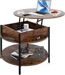 FAHKNS Mesa de centro redonda elevatória com armazenamento e compartimento oculto, mesa circular de duas camadas de 68 cm com design que economiza espaço para sala de estar, marrom rústico