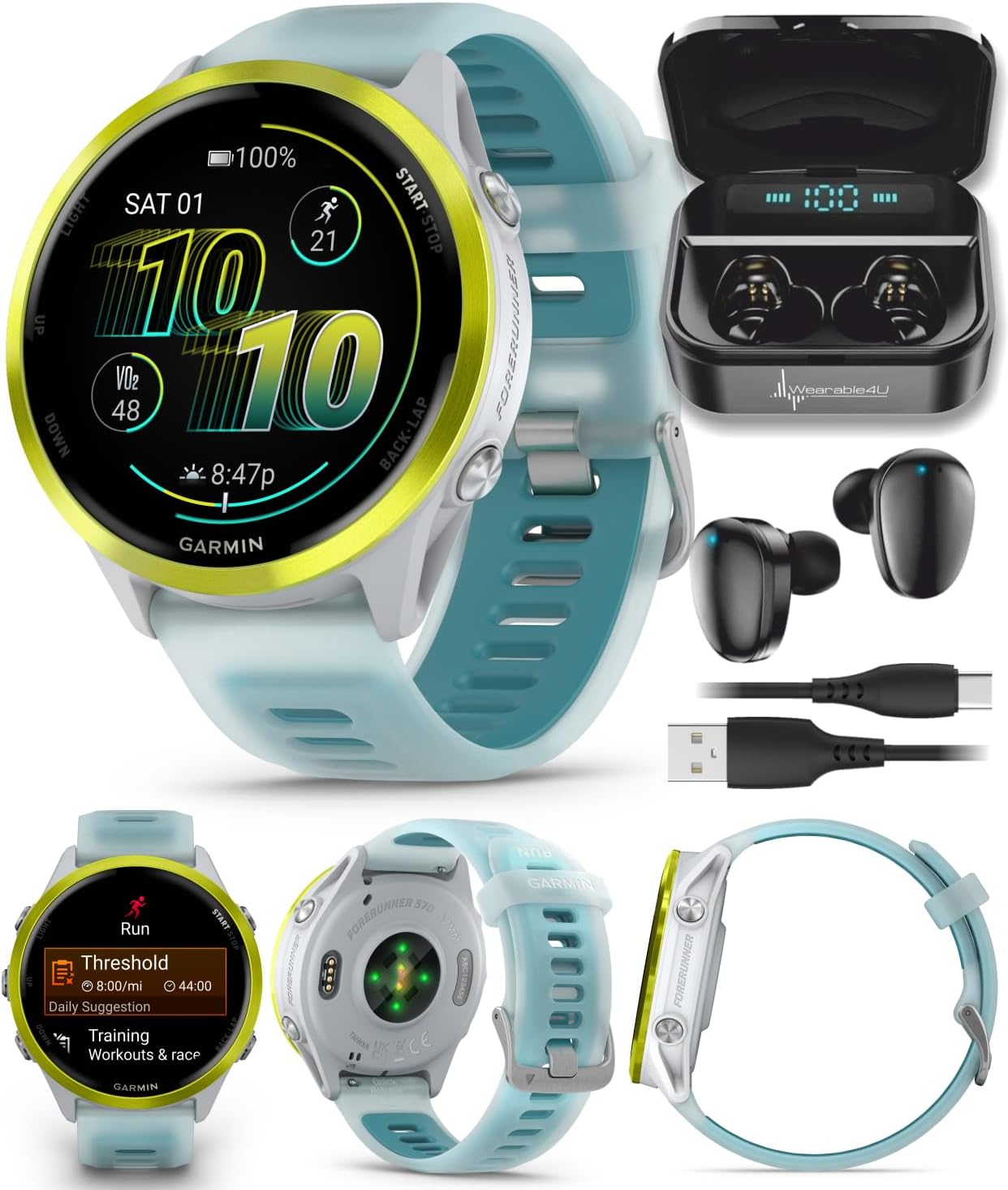 Garmin Forerunner 570 47mm Advanced GPS Running & Triathlon Smartwatch AMOLED Display Training & Recovery Amp Yellow Aluminum w/Translucent Whitestone/Turquoise Band w/ Wearable4U Black EarBuds Bundle
