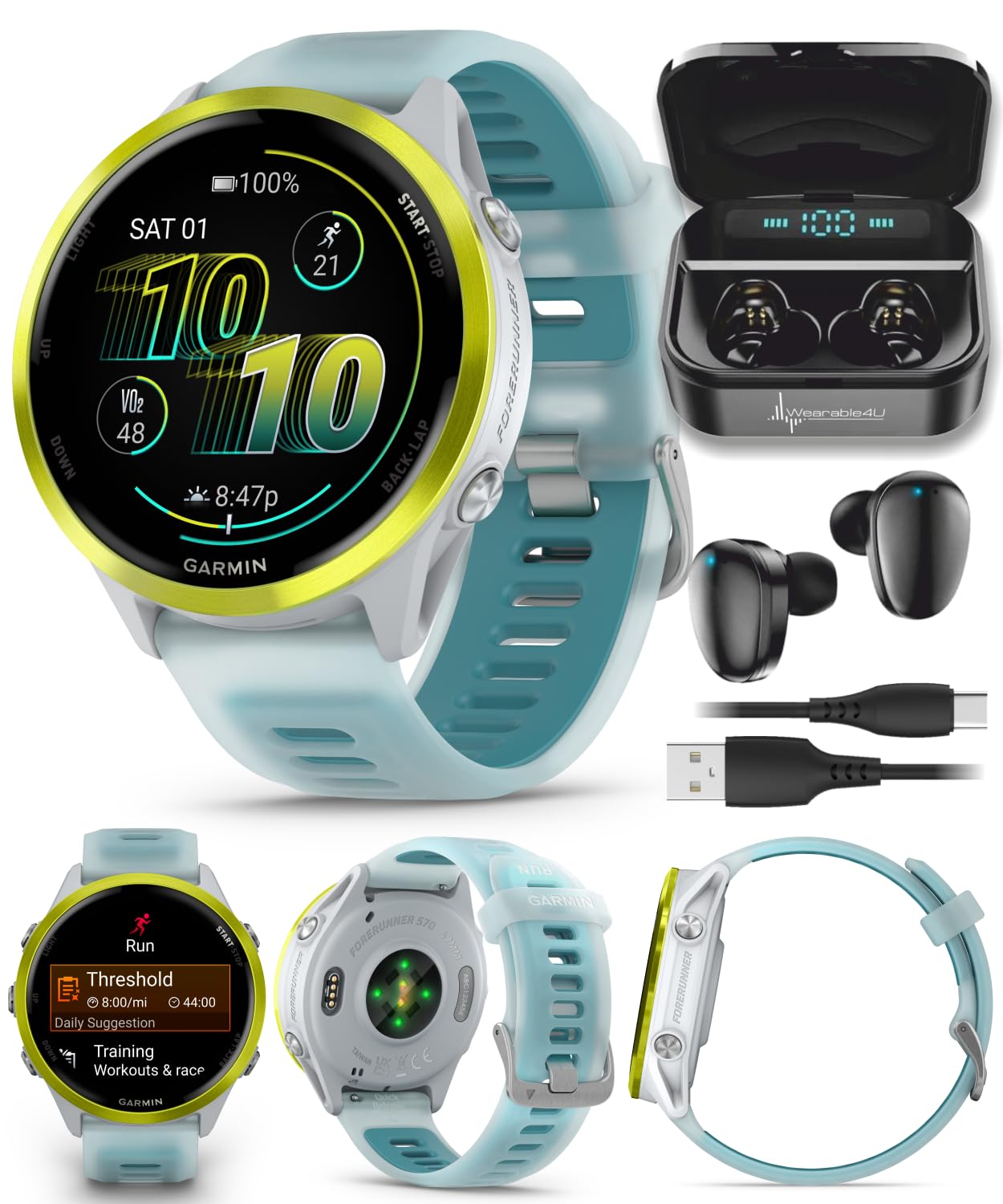 Garmin Forerunner 570 47mm Advanced GPS Running &amp; Triathlon Smartwatch AMOLED Display Training &amp; Recovery Amp Yellow Aluminum w/Translucent Whitestone/Turquoise Band w/ Wearable4U Black EarBuds Bundle