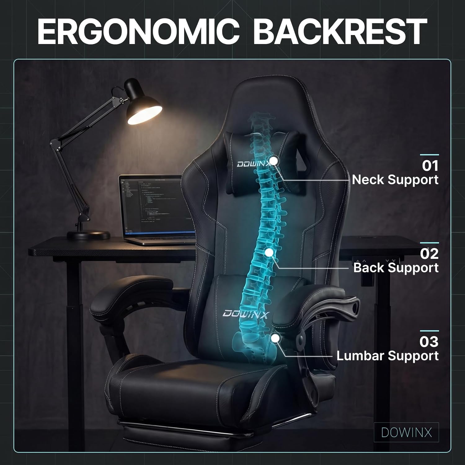 Dowinx Gaming Chair Ergonomic, Massage Lumbar Support, Footrest, Adjustable Height & Headrest Pillow, Heavy Duty 330lbs Office Chair, Comfortable for Back Pain Relief Long Gaming Streaming Black