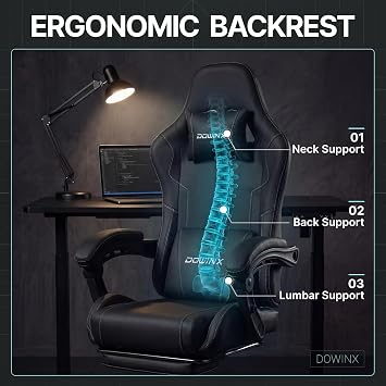 Dowinx Gaming Chair Ergonomic, Massage Lumbar Support, Footrest, Adjustable Height & Headrest Pillow, Heavy Duty 330lbs Office Chair, Comfortable for Back Pain Relief Long Gaming Streaming Black