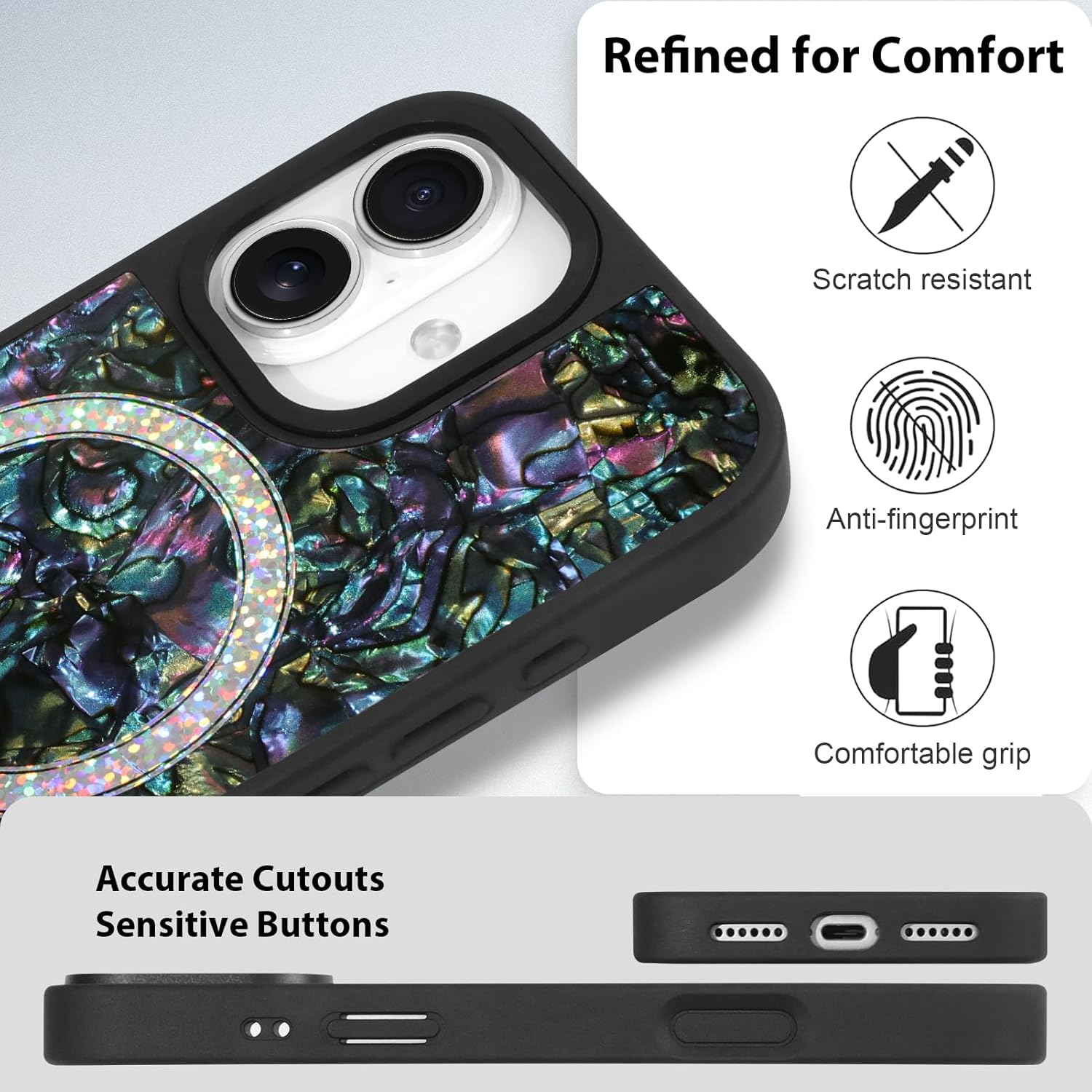 Designed for iPhone 17 Case, Iridescent Abalone Shell Pattern, Elegant Pearlescent Design for Women [Compatible with MagSafe], Magnetic Shockproof Protective Cover, Black & Purple