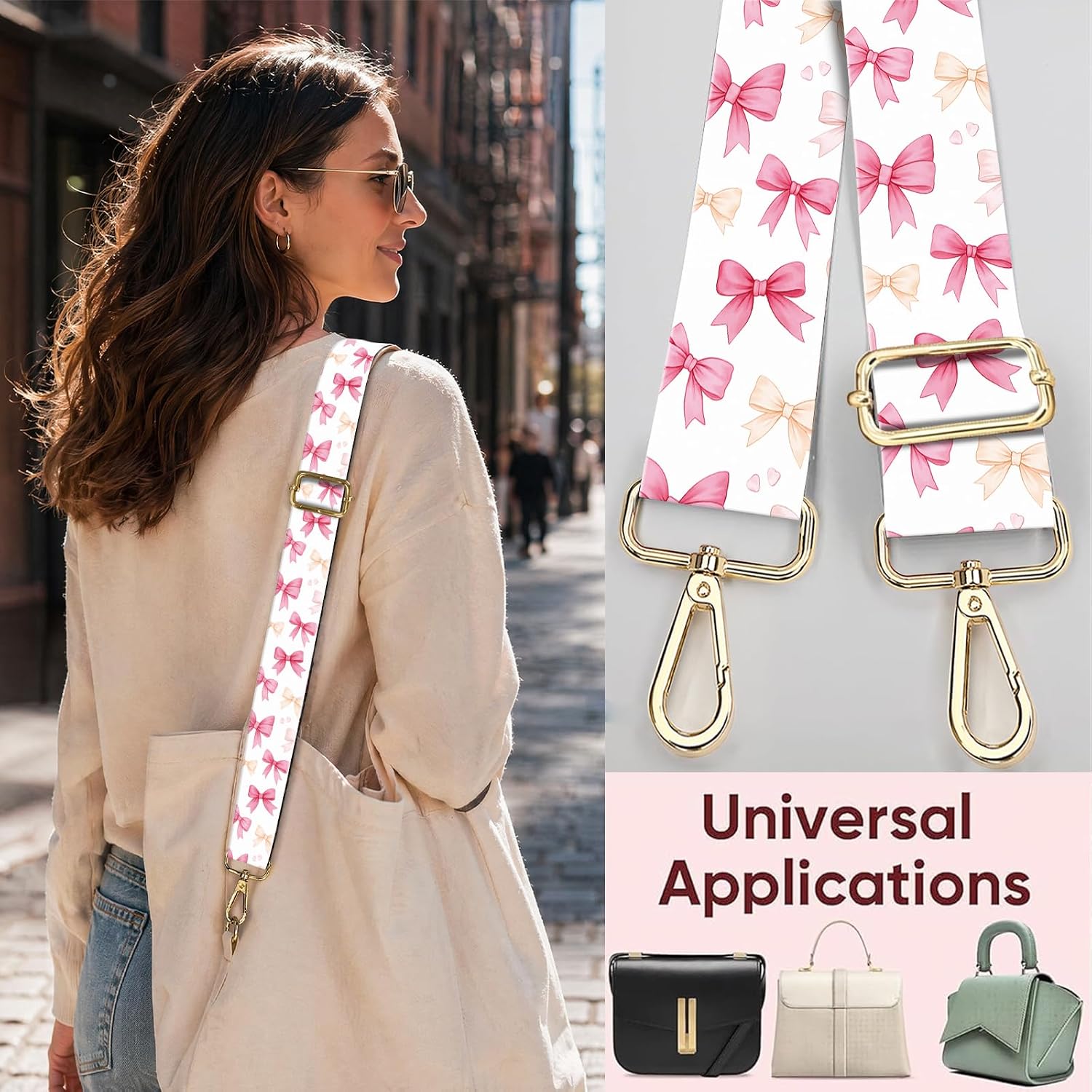 Purse Strap Replacement Belt Crossbody, 1.5" Wide Golden Buckle Cute Shoulder Strap Durable, Adjustable Guitar Straps for Canvas Bag Handbag Colorful Funny Bowties image 5