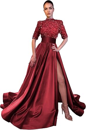 Yuxin Sparkly Sequin Prom Dresses Long Ball Gown High Neck Half Sleeve Satin Formal Evening Gowns with Slit 828