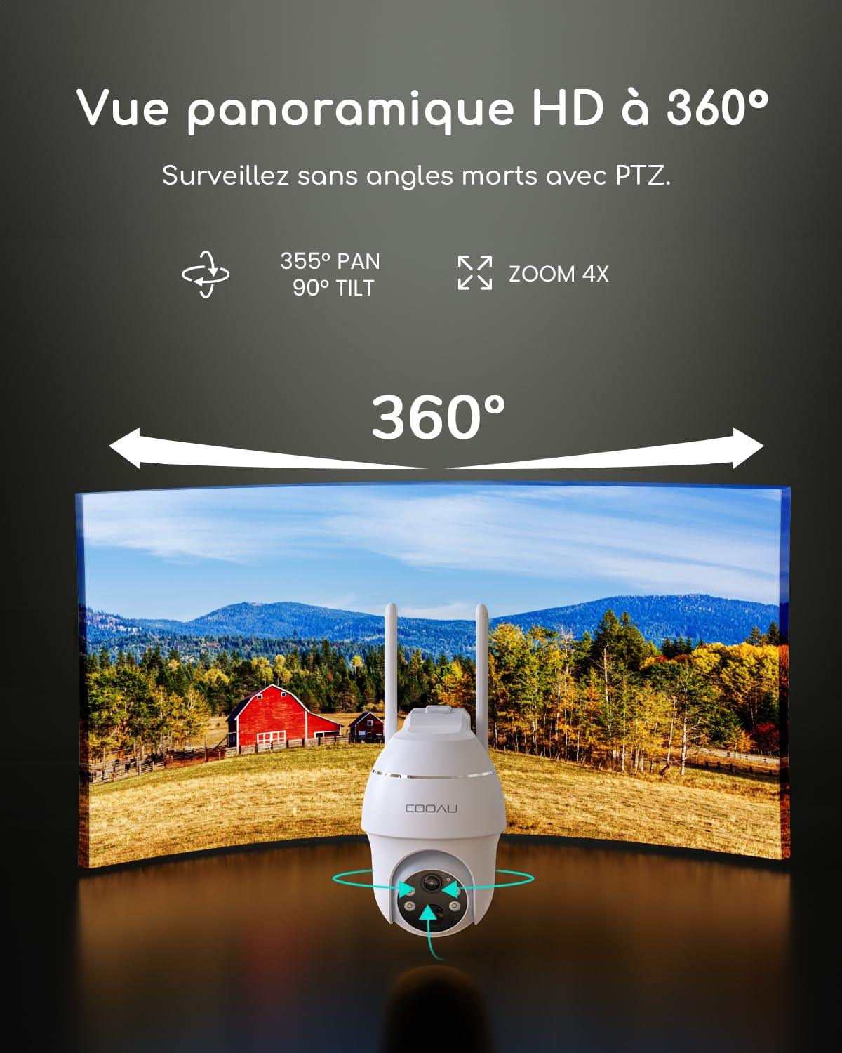 COOAU 4G LTE Camera Surveillance Extérieure sans fil - 2K 3MP Caméra Solaire sans Wi-Fi avec carte SIM | 360° PTZ | Audio bidirectionnel | Vision nocturne couleur | IP66 | Stockage local 64 Go & cloud