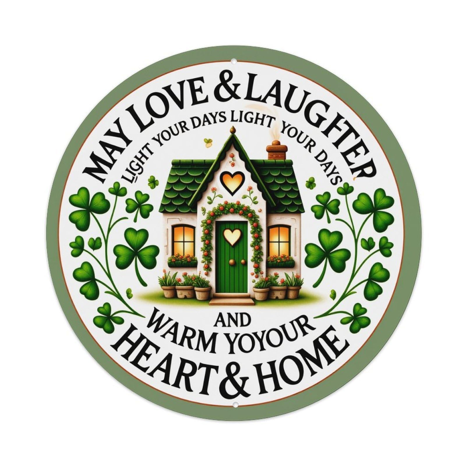 Cottage With Shamrocks And Hearts Round Tin Sign Vintage Metal Poster, Home Bar Garage Man Cave Cafe Indoor & Outdoor Wall Decoration 8x8Inches