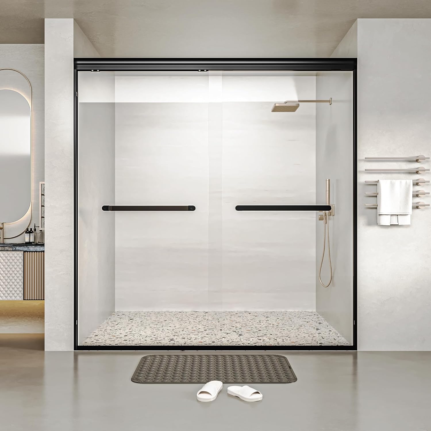 56-60x60 Inch Semi-Frameless Double Sliding Shower Door with Anti-Rust SGCC Steel Frame,1/4 Inch (6mm) Clear Tempered Glass for Walk-in Shower,Black