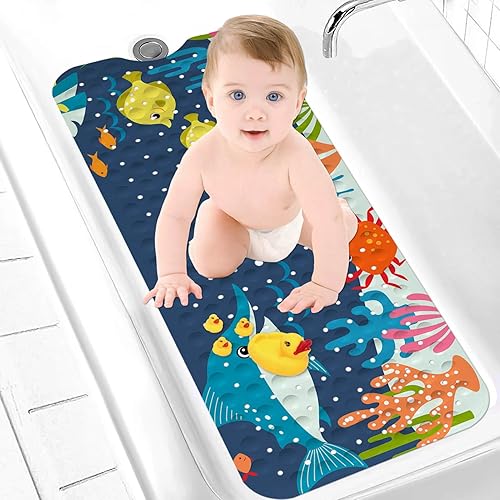 Miniatura 2 de LNOND Alfombra de baño para niños, tapete de baño antideslizante con agujeros de drenaje y ventosas, lavable a máquina (40 x 16 pulgadas)