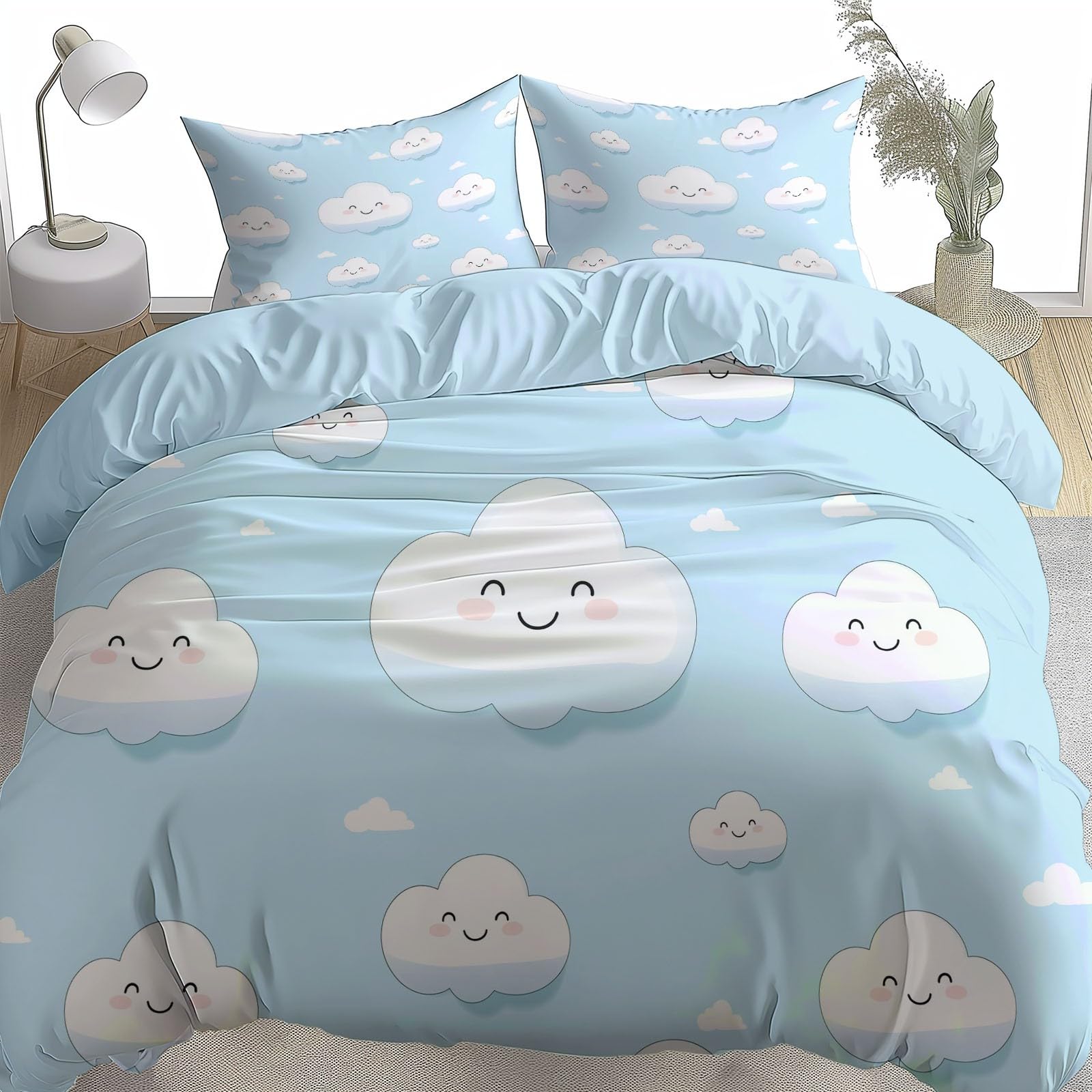 Azul Funda Nordica Cama 90 De 3 Piezas Nubes De Dibujos Animados Juego De Funda Nordica 150X200 Cm Suave Transpirable Y 2 X Fundas De Almohada De 50X75 para Ropa De Cama Infantil Niño Chico Niña
