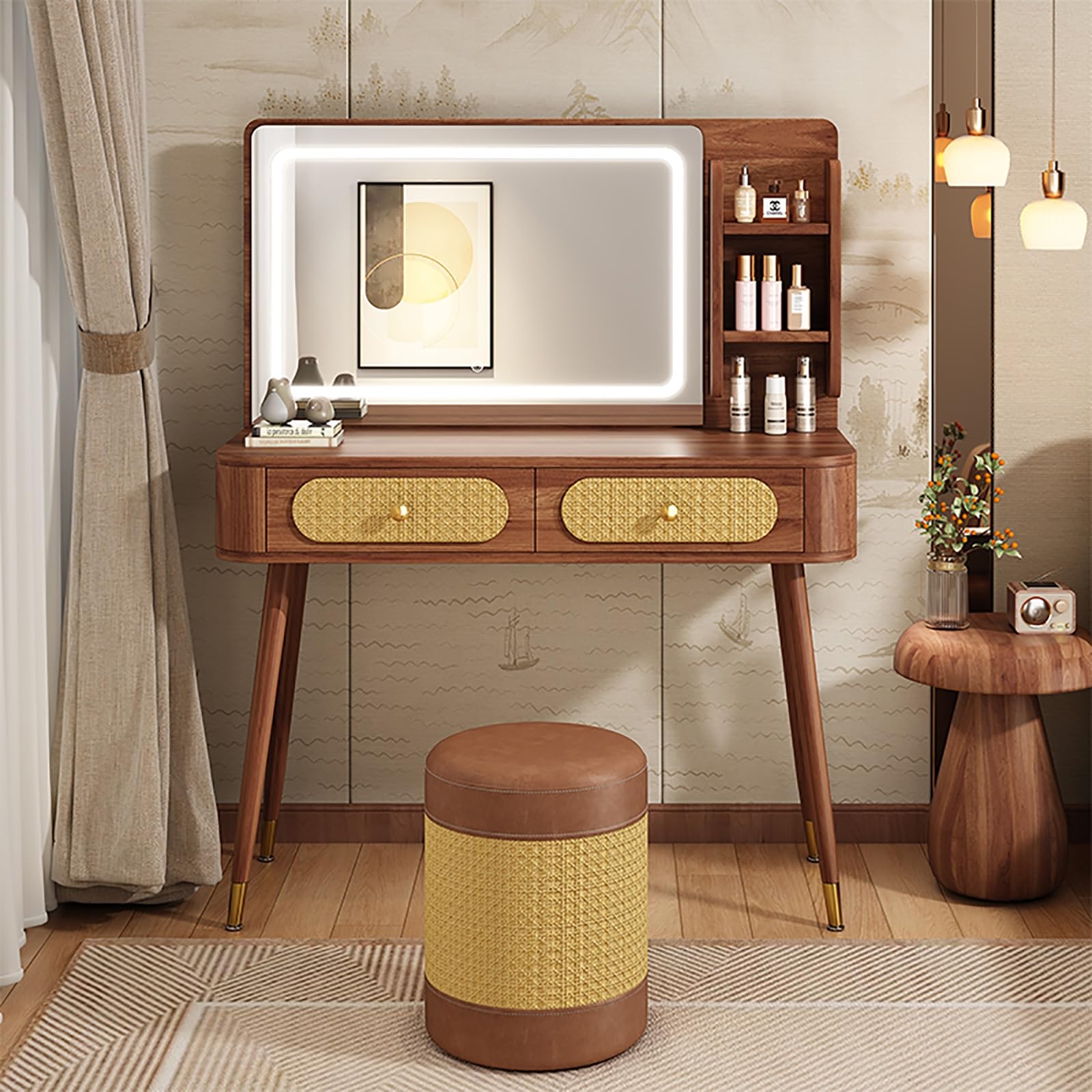 Tocador de maquillaje de madera con espejo iluminado y taburete cómodo para dormitorio