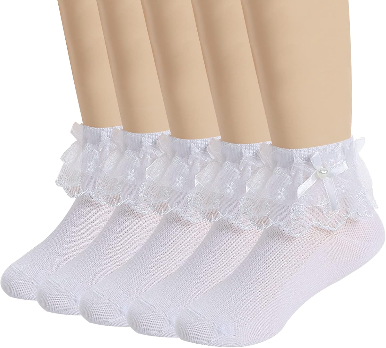 Looching 5 Pairs Toddler Baby Girls Ruffle Lace Trim Socks with Bow Frilly Eyelet Mesh Princess Ankle Dress Socks