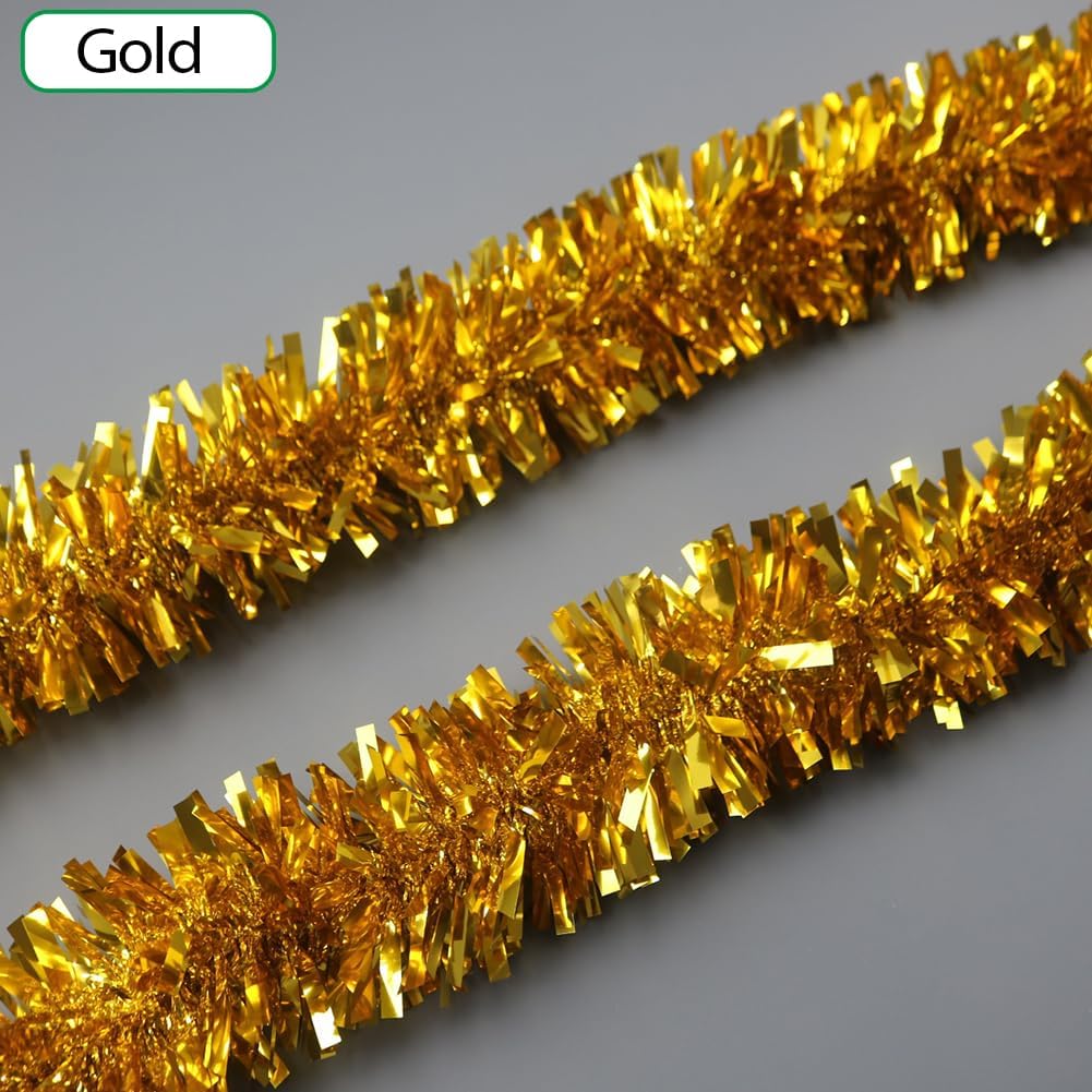 33Ft Christmas Tinsel Garland Shiny Thick Gold Tinsel Decor Xmas Tree Decorations Metallic Twist Foil Garland for Christmas Birthday Holiday New Year Parties Indoor Outdoor Party Supplies - Gold - Image 3