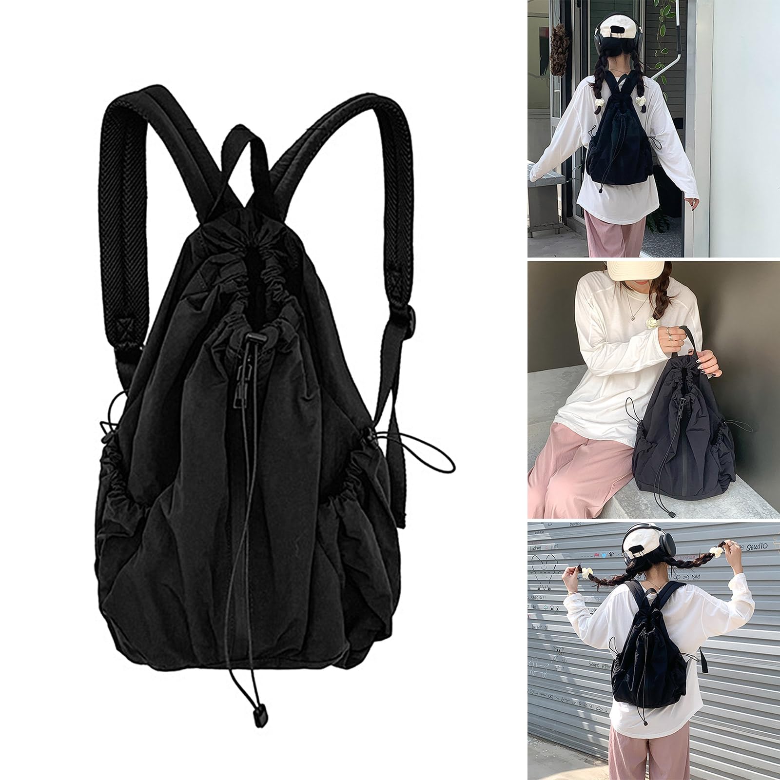 Zaino da viaggio da donna, zaino scolastico per studenti, con coulisse, grande capacità, casual, per lavoro, increspato, con coulisse, borsa da scuola di grande capacità