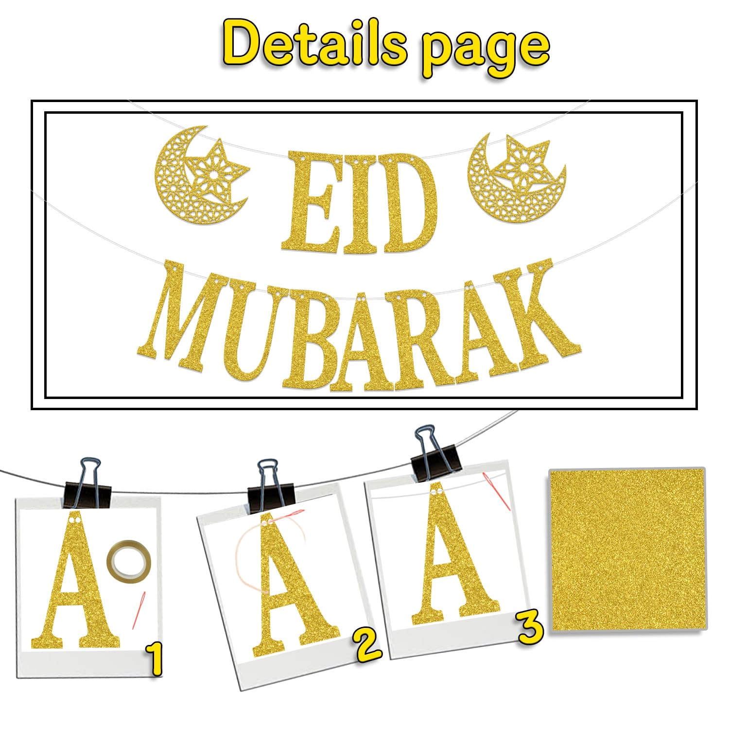 ZCXVC Eid Mubarak Banner Hajj Mubarak Decorations Umrah Mubarak Islamic Party Decorations Gold Glitter - Image 2