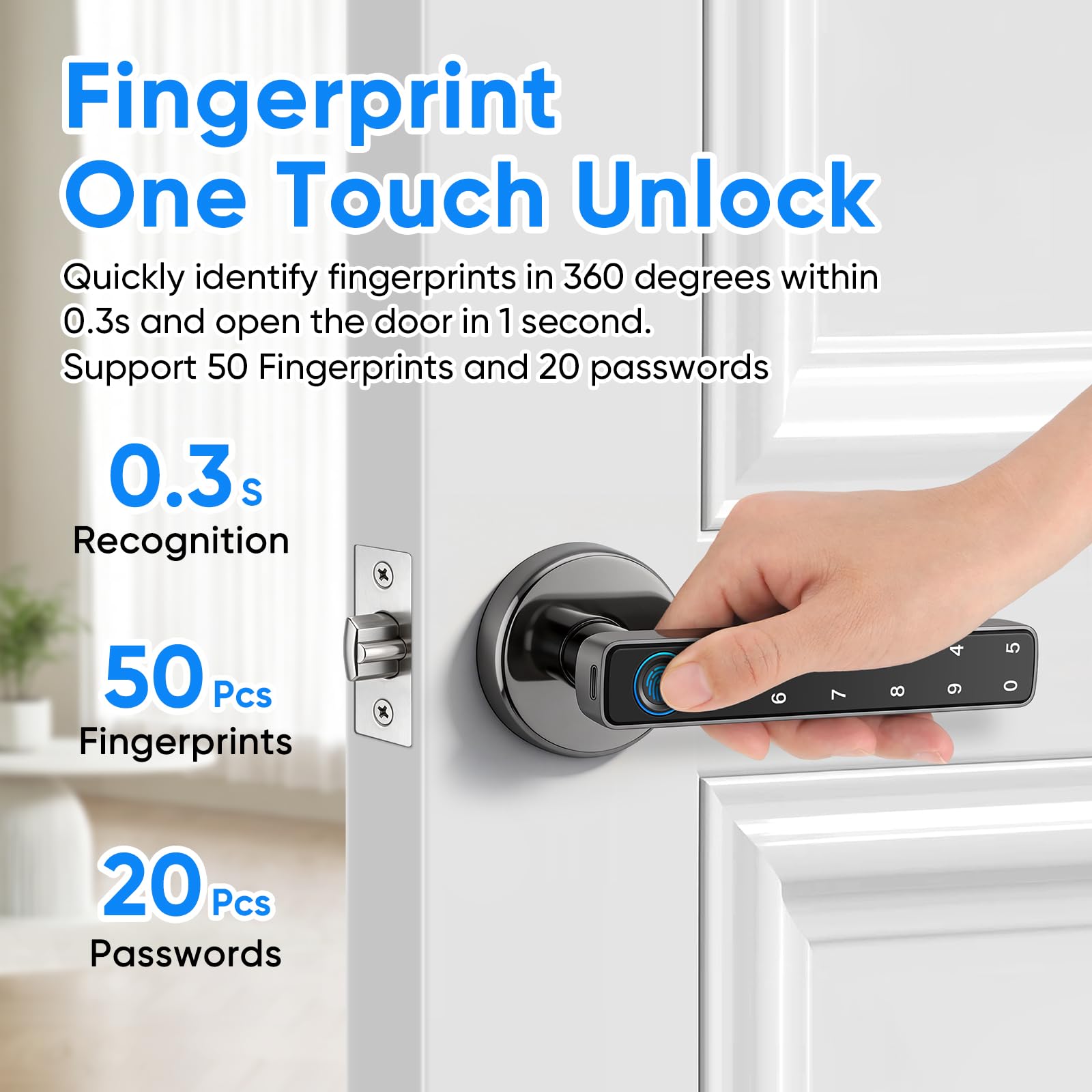 Cerradura Inteligente para Puertas, Cerradura de Puerta Inteligente de Huellas Dactilares con Manija Teclado, Control por App, Almacenamiento Local de Datos, 5 Métodos de Apertura, Sin Llaves