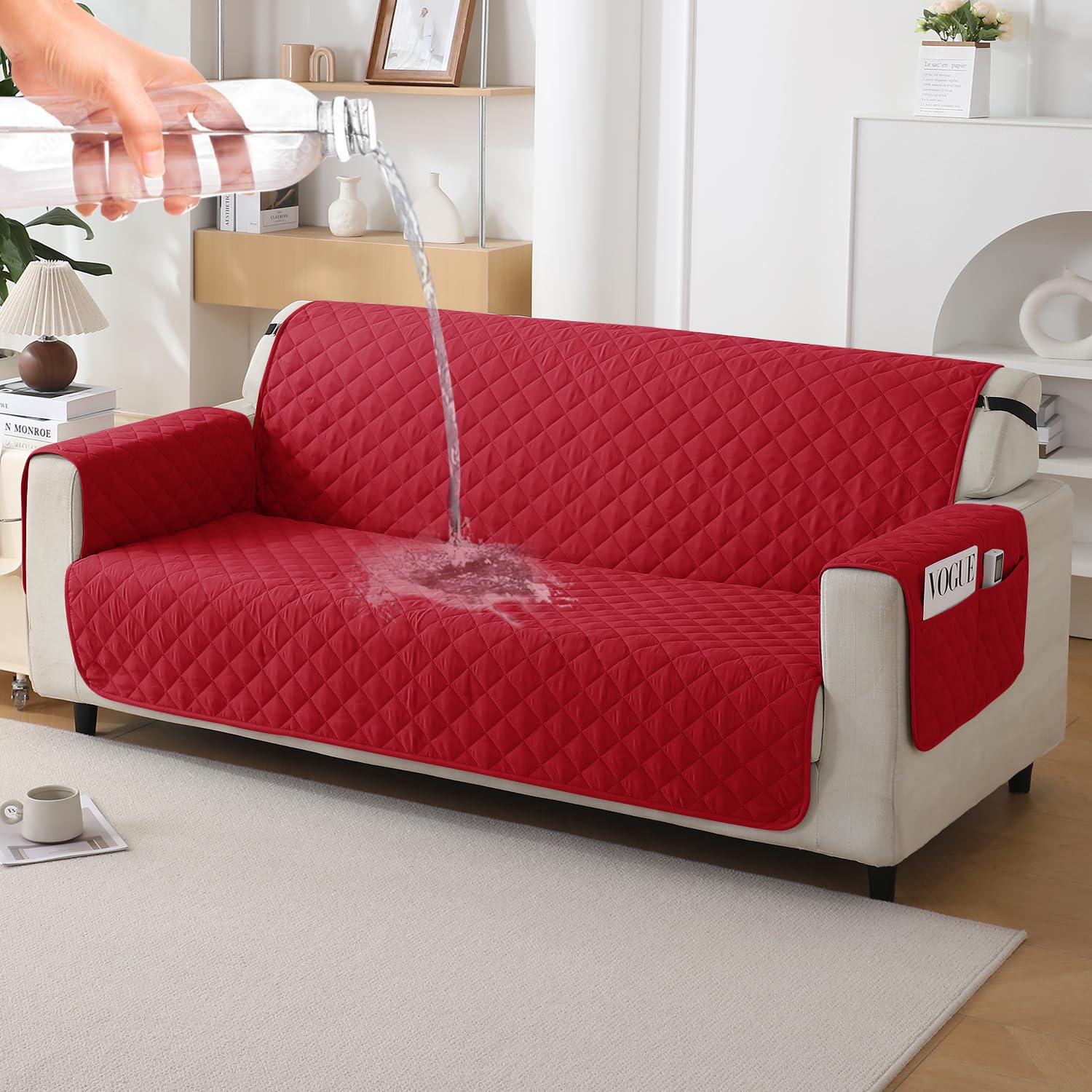 HOKIPO Polyester Quilted Sofa Mat With Bottom Waterproof Layer With Side Pockets, 175(D) X 180(L) Cm, Scarlet Red(Ar-5144-W7)-picture-11