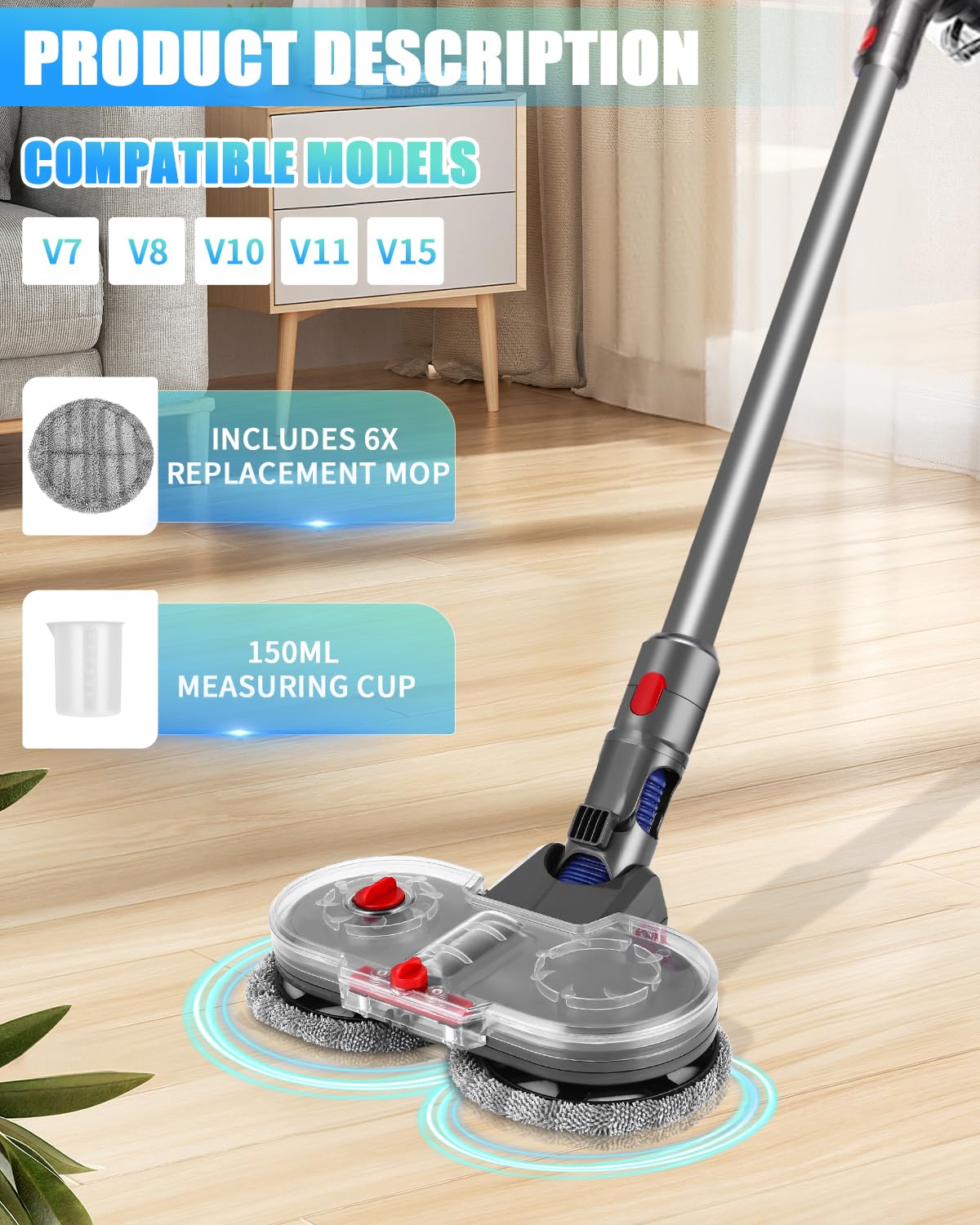 Nasadka elektryczny mopa do odkurzacza Dyson V15, V11, V10, V8, V7,Przystawka próżniowa ze zdejmowanym zbiornikiem na wodę i 6 mopami nadającymi się do prania + 1 pojemnik do napełniania