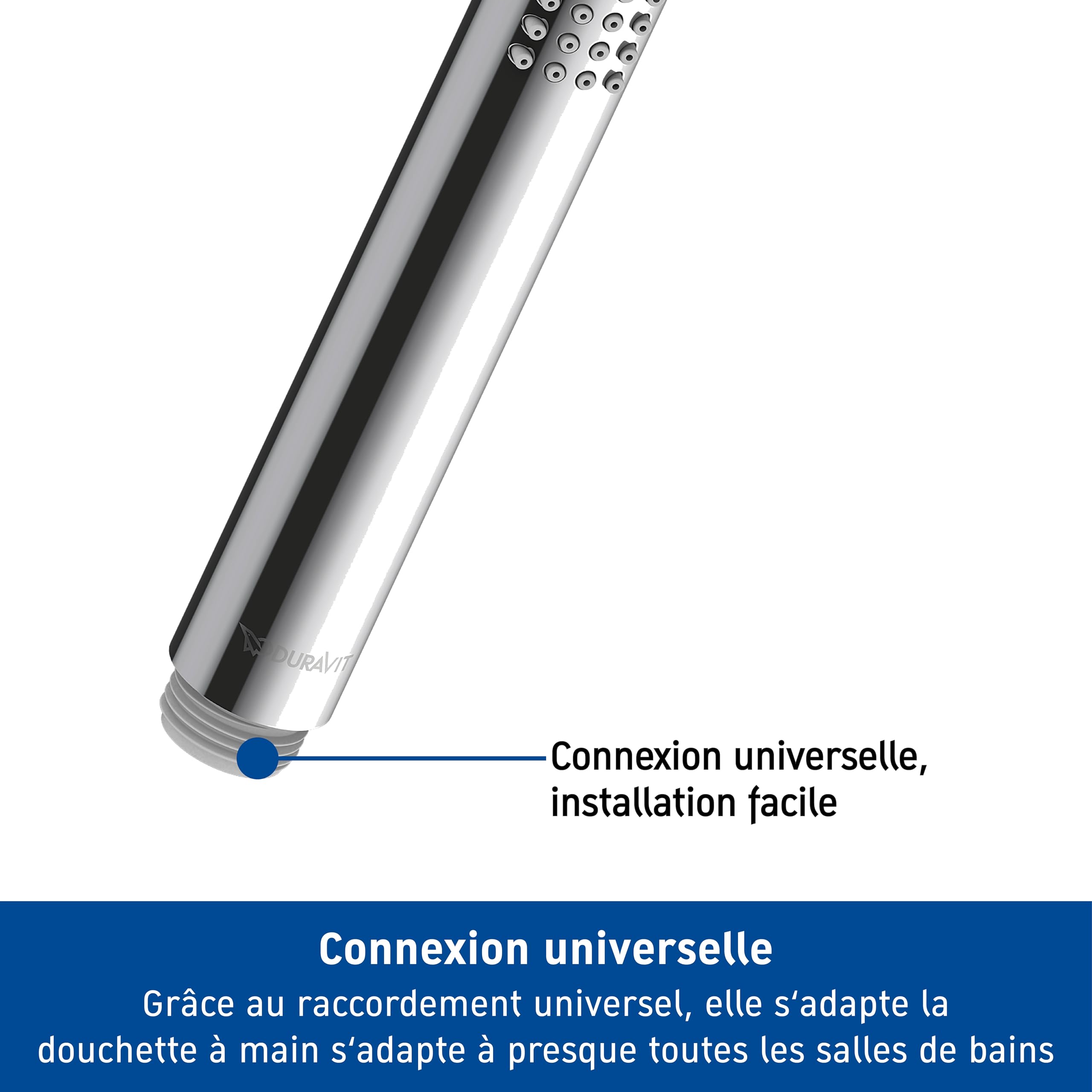 Set de douche universel Duravit, douchette ronde à économie d'eau, coude de raccordement mural, flexible de douche, chromé