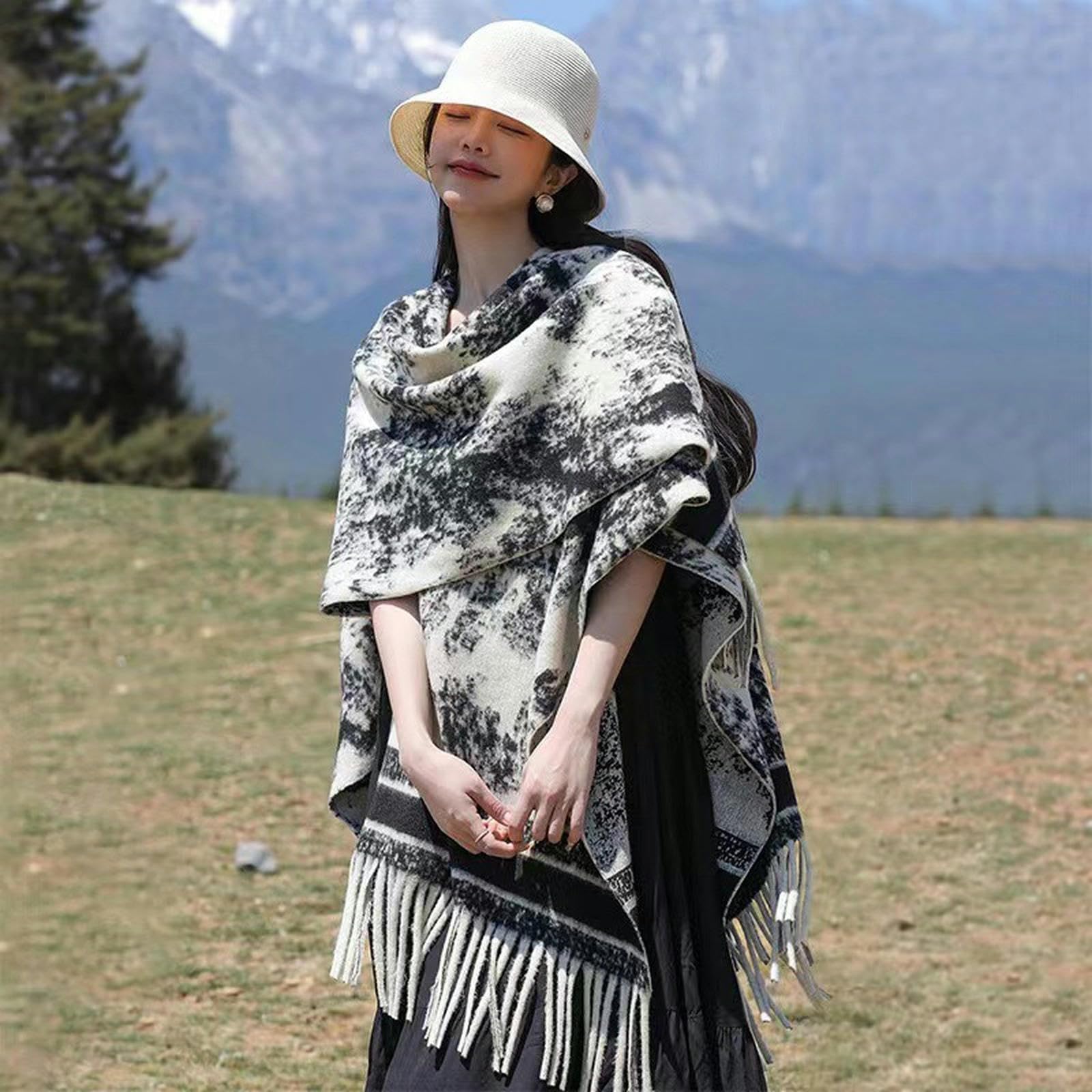 Sciarpa Donna Autumnio Femminile E Inverno da Viaggio Inchiostro Scialno di Pittura A Fessura A Forma di Scialle di Sciarpa A Maglia-c