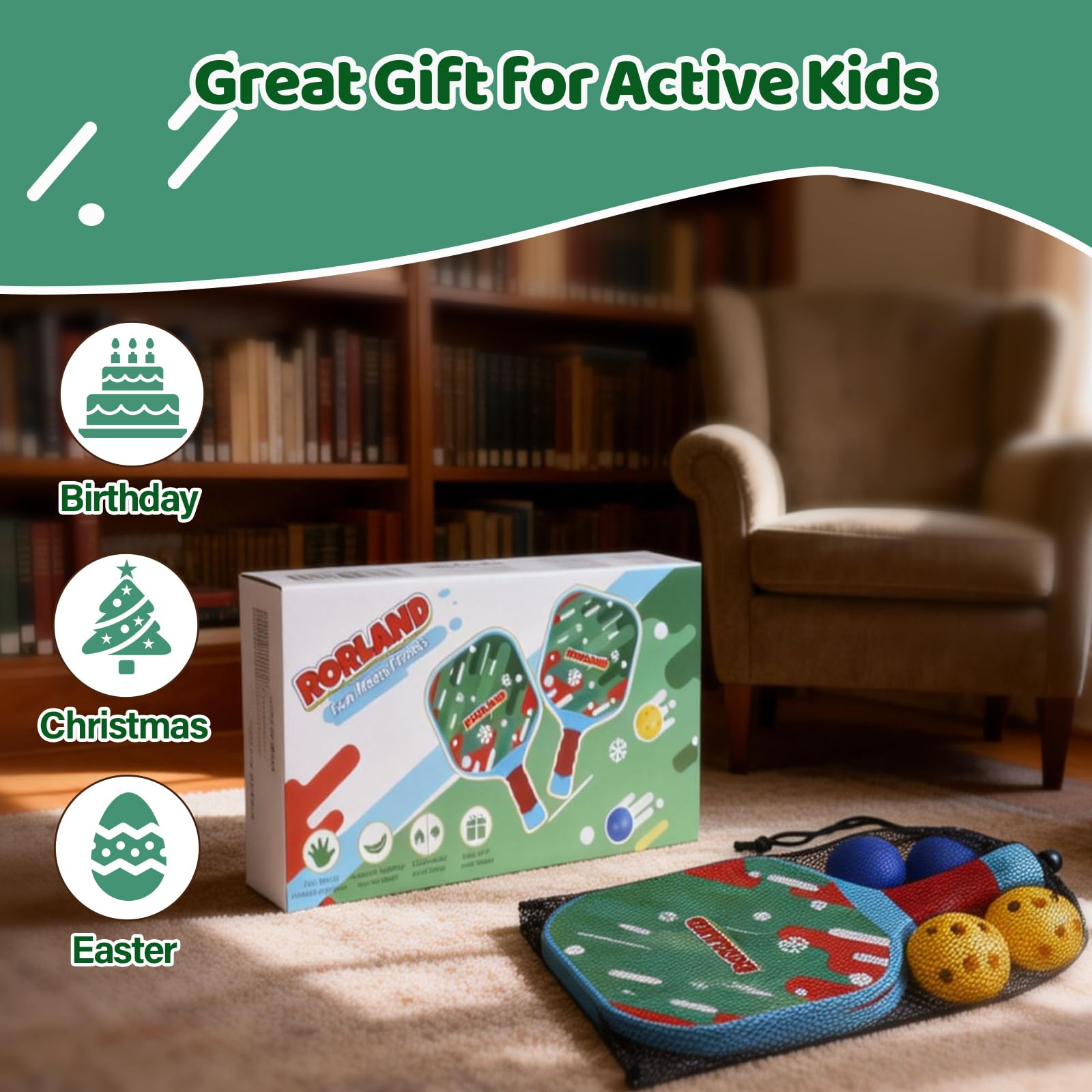 Set Pickleball: 2 Racchette e 4 Palline per Bambini, Peso Leggero 200g, Impermeabile. Per Giardino, Spiaggia, Piscina. Regalo per Principianti
