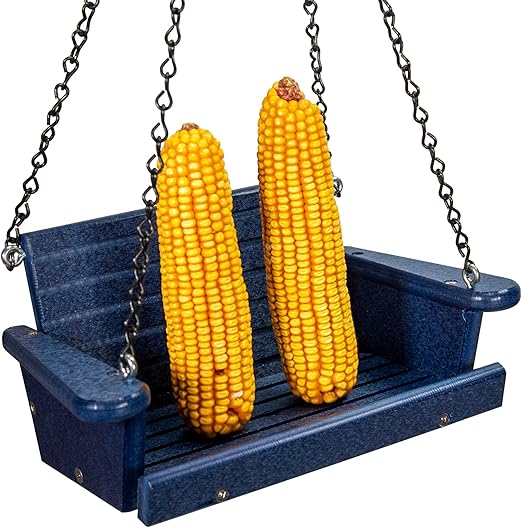 JCs Wildlife Poly Lumber Squirrel Swing Corn Cob Feeder - Squirrel Feeder, Squirrel Corn Feeder Chair - Cute Swing Feeder for Squirrels - Fill with Corn and Hang (Blue)