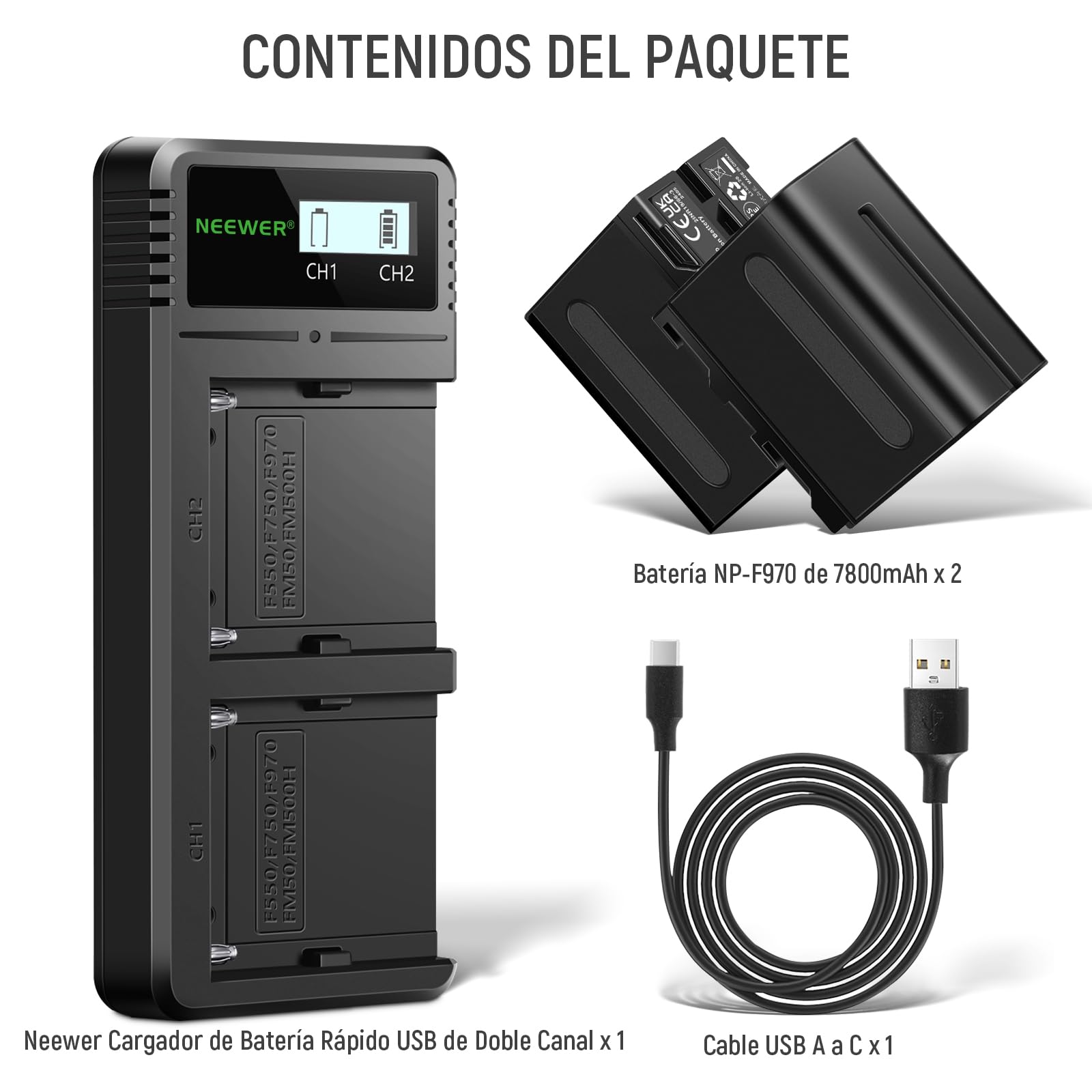 NEEWER 2 NP-F970 7800mAh Baterías Repuesto para Sony FX3/FX30/A7, para Canon R5, para Nikon Z8, Camera Battery con LCD Dual USB C Cargador Rápido para Handycam Cámara Monitor Luz Video LED Deslizador