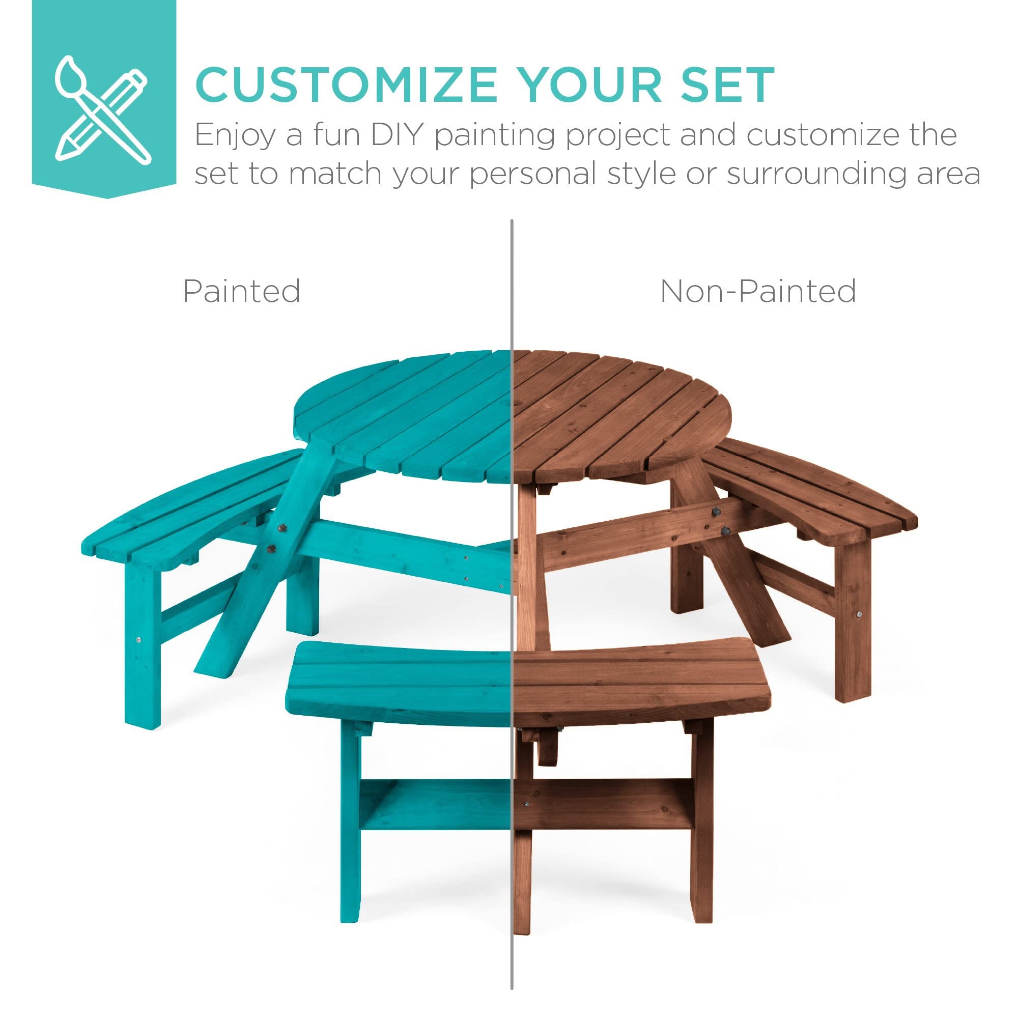 Best Choice Products Tavolo da picnic circolare in legno per 6 persone per patio, cortile, giardino, fai da te con 3 panche integrate, capacità 226,8 kg, marrone noce