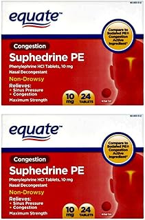 Equate Congestion Suphedrine PE Nasal Decongestant Tablets, 10 mg, 24 count ( Pack of 2 )
