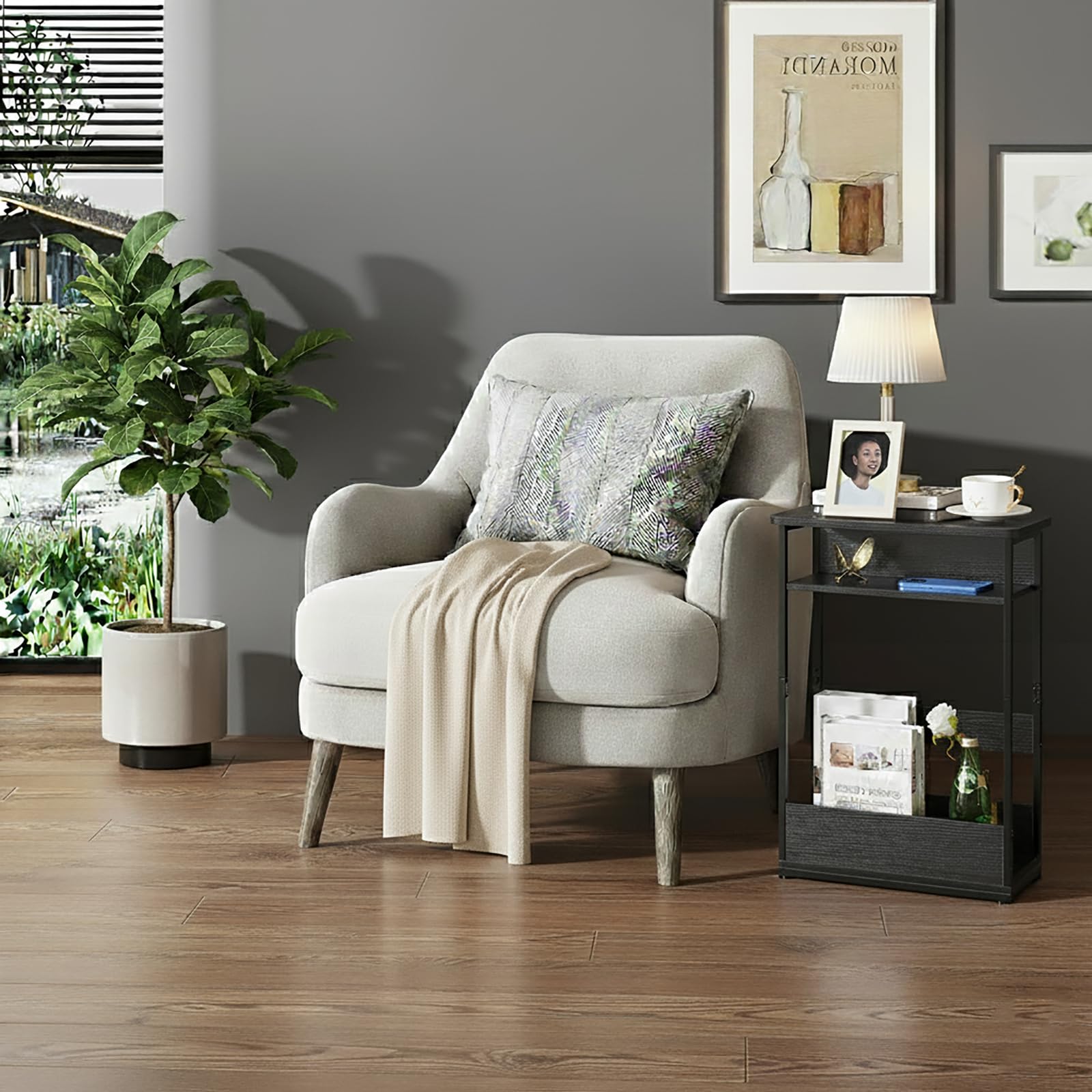 Smalle bijzettafel 3 planken nachtkastje smal met tijdschriftenhouder bijzettafel kleine salontafel voor woonkamer, slaapkamer keuken en balkon, werkkamer (2, retrokleur