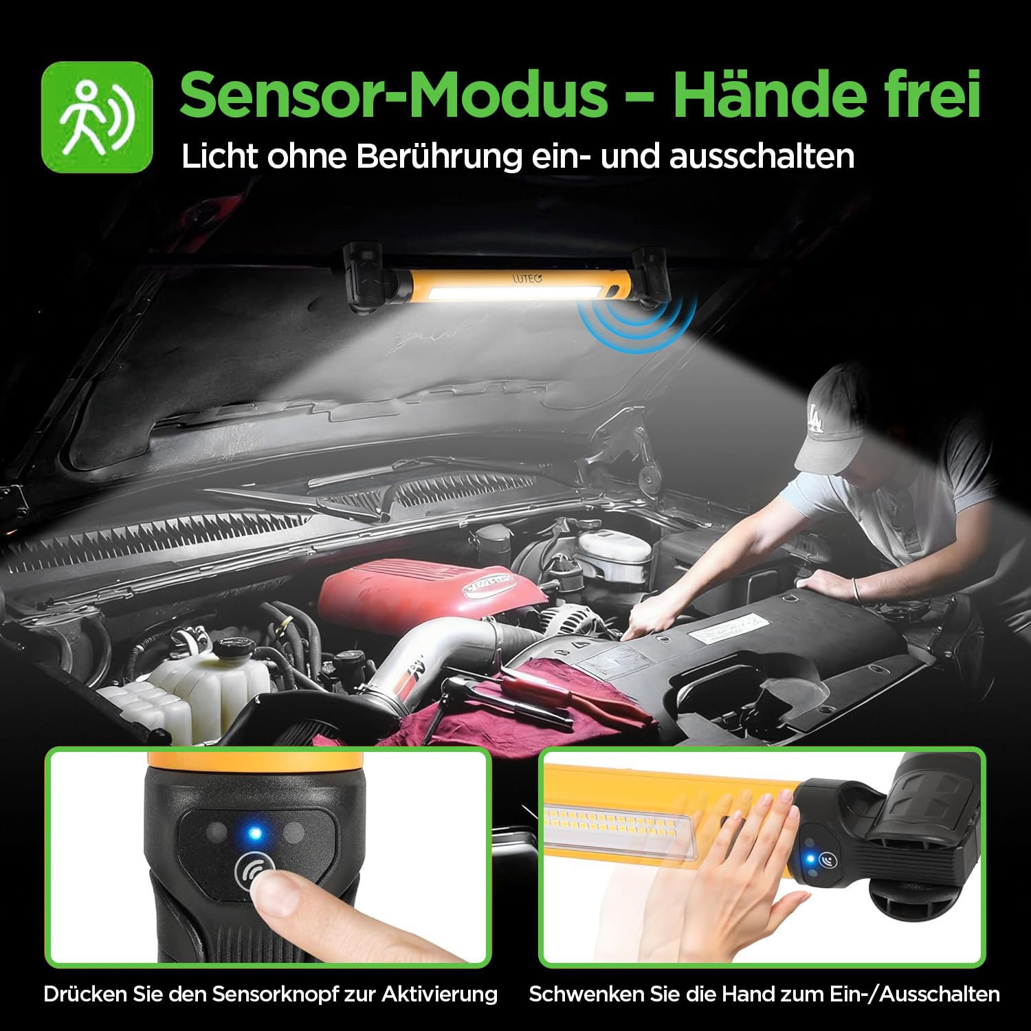 LUTEC 3000LM LED-Arbeitsleuchte, 5200mAh wiederaufladbare magnetische Motorhauben-Leuchtenleiste mit Haken, kabellose tragbare Mechanikerleuchte für Autoreparatur/Inspektion/Garage/Notfälle (2 Stück)